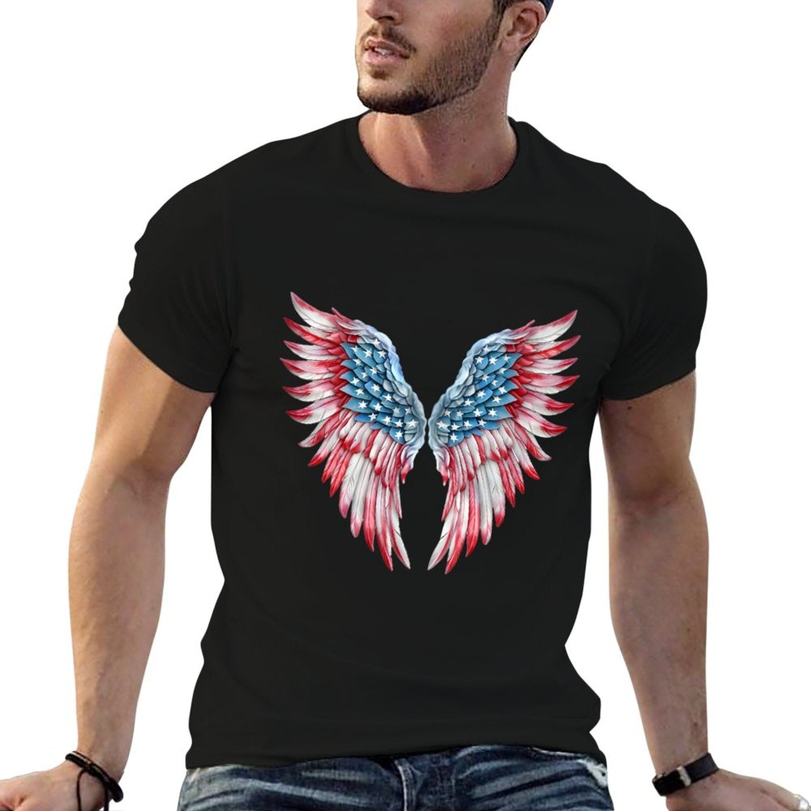 Veterans Day, 4th of July Patriotic Wings Angel Usa Flag Premium  Ribbed Collar T-Shirt
