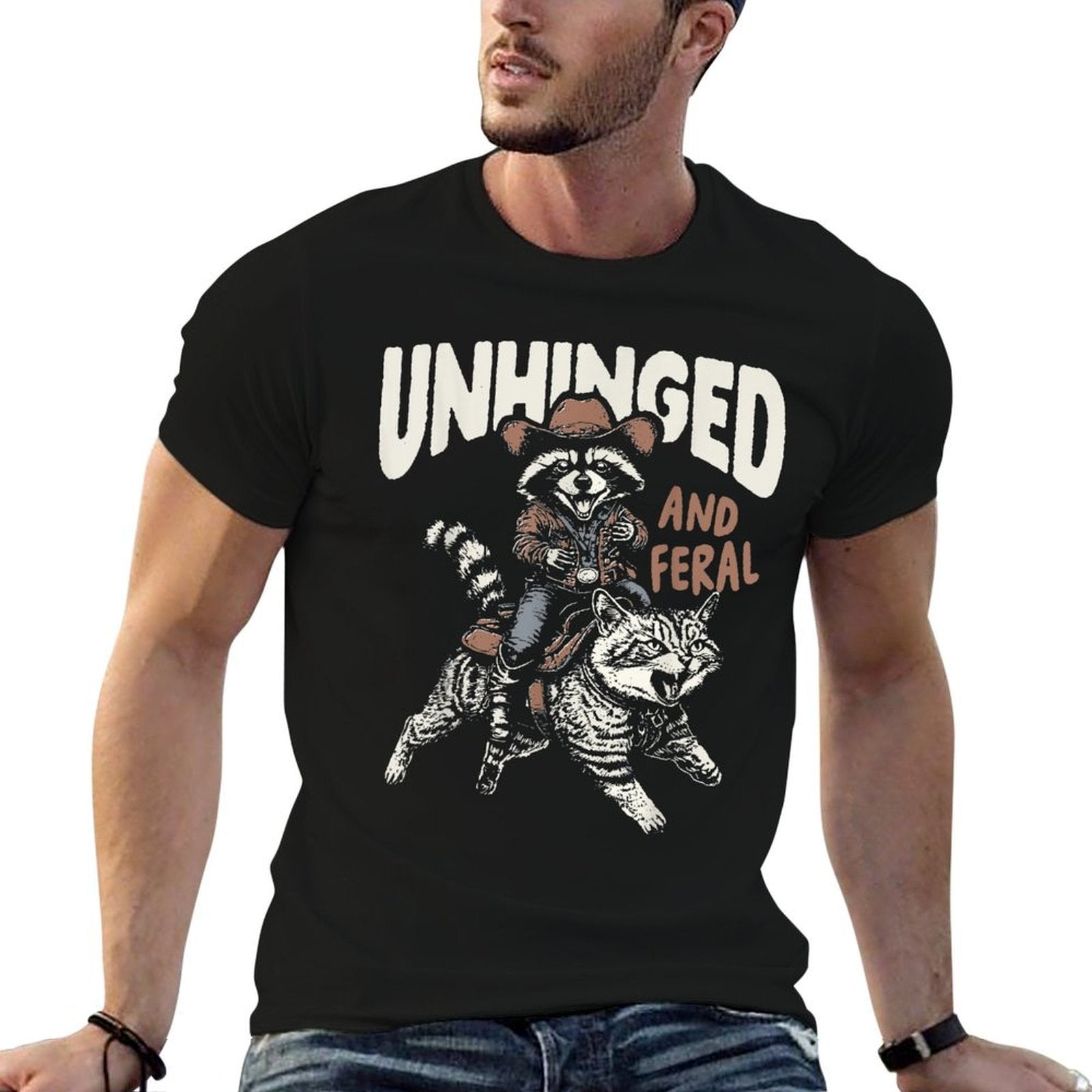 Funny Unhinged And Feral Raccoon Cowboy Western Vintage  Graphic-printed T-Shirt