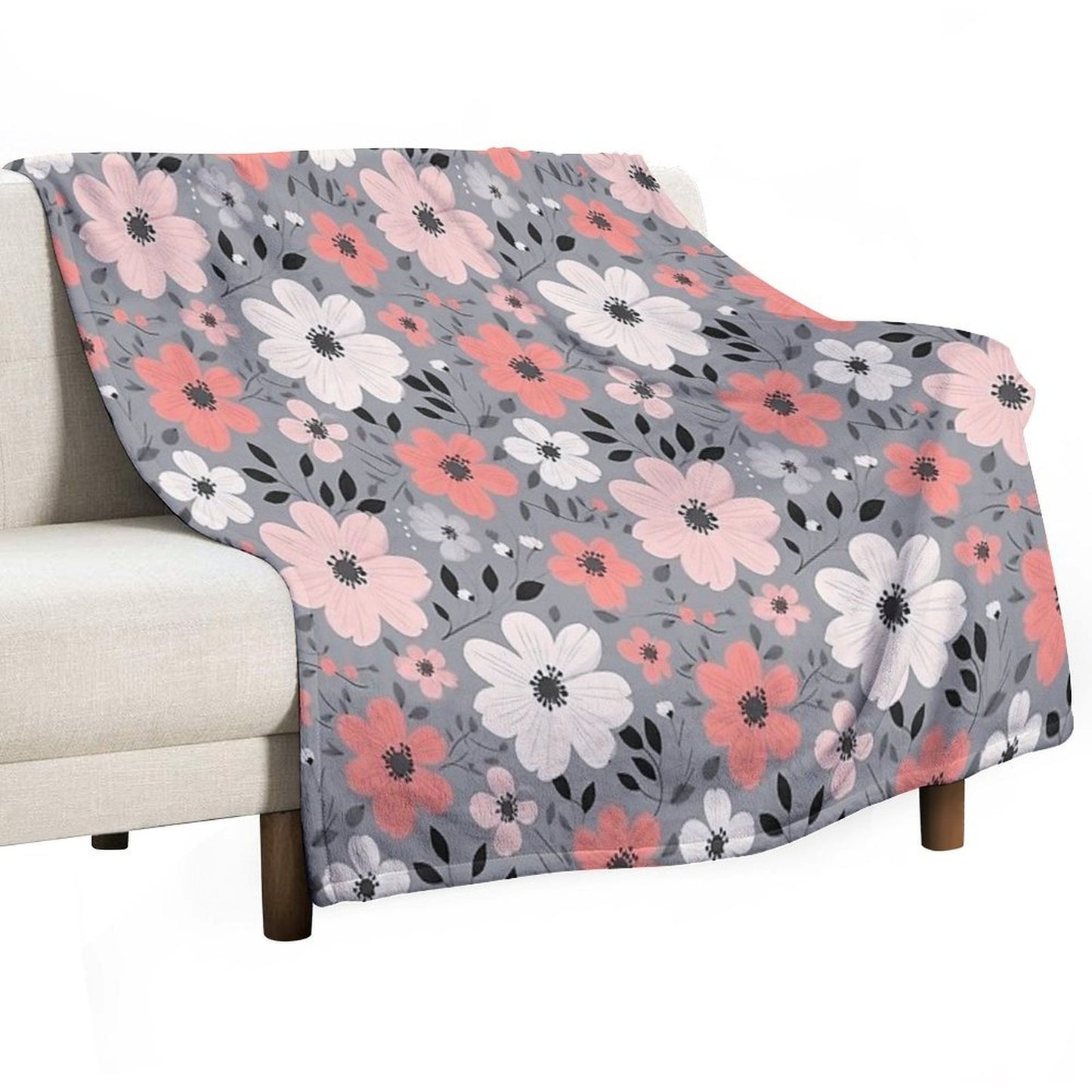 Pink Salmon White Grey Flowers Grey Background Pattern Velvety-soft Throw Blanket