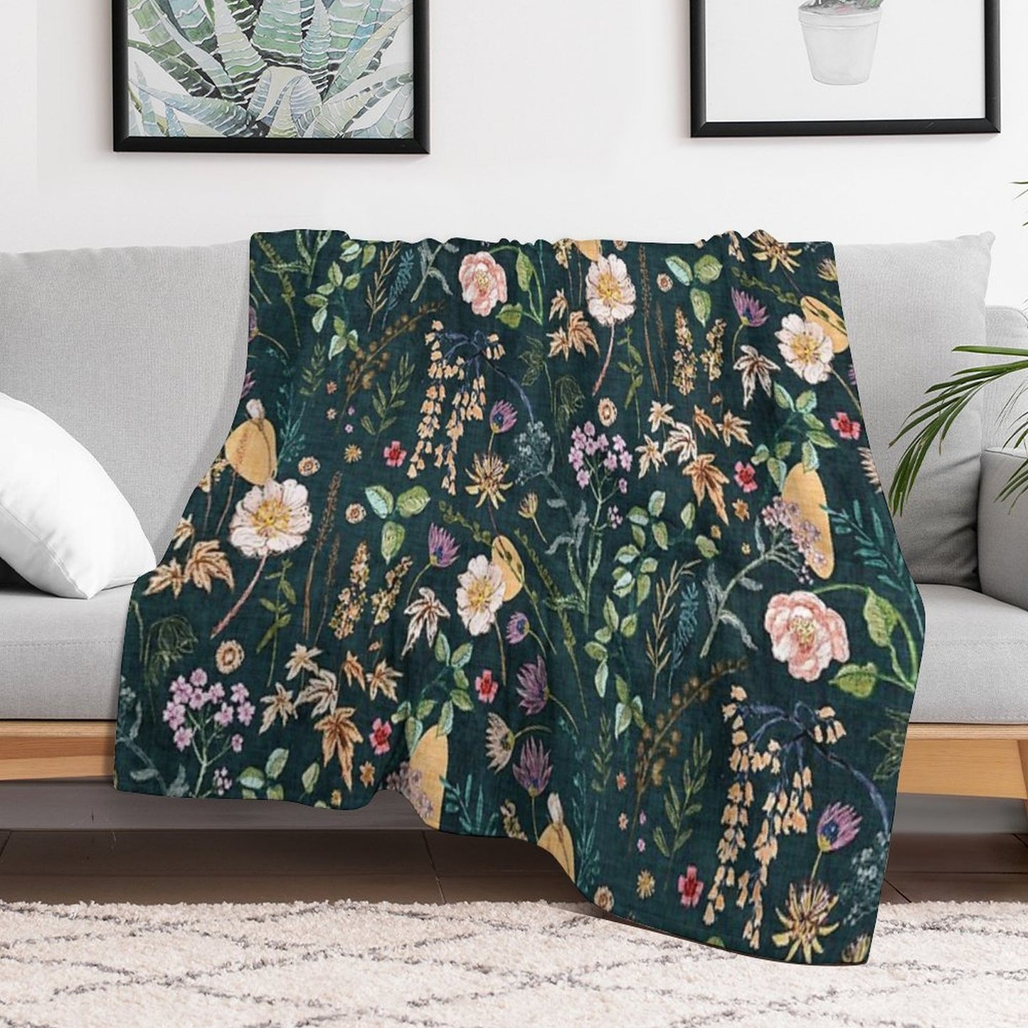 Hana Floral (teal) Machine-washable Throw Blanket