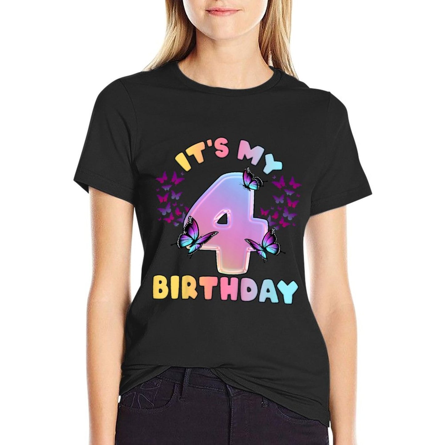 Kids Birthday Girl 4 Year Old, Butterflies, It's My 4th Birthday Tagless Design T-Shirt