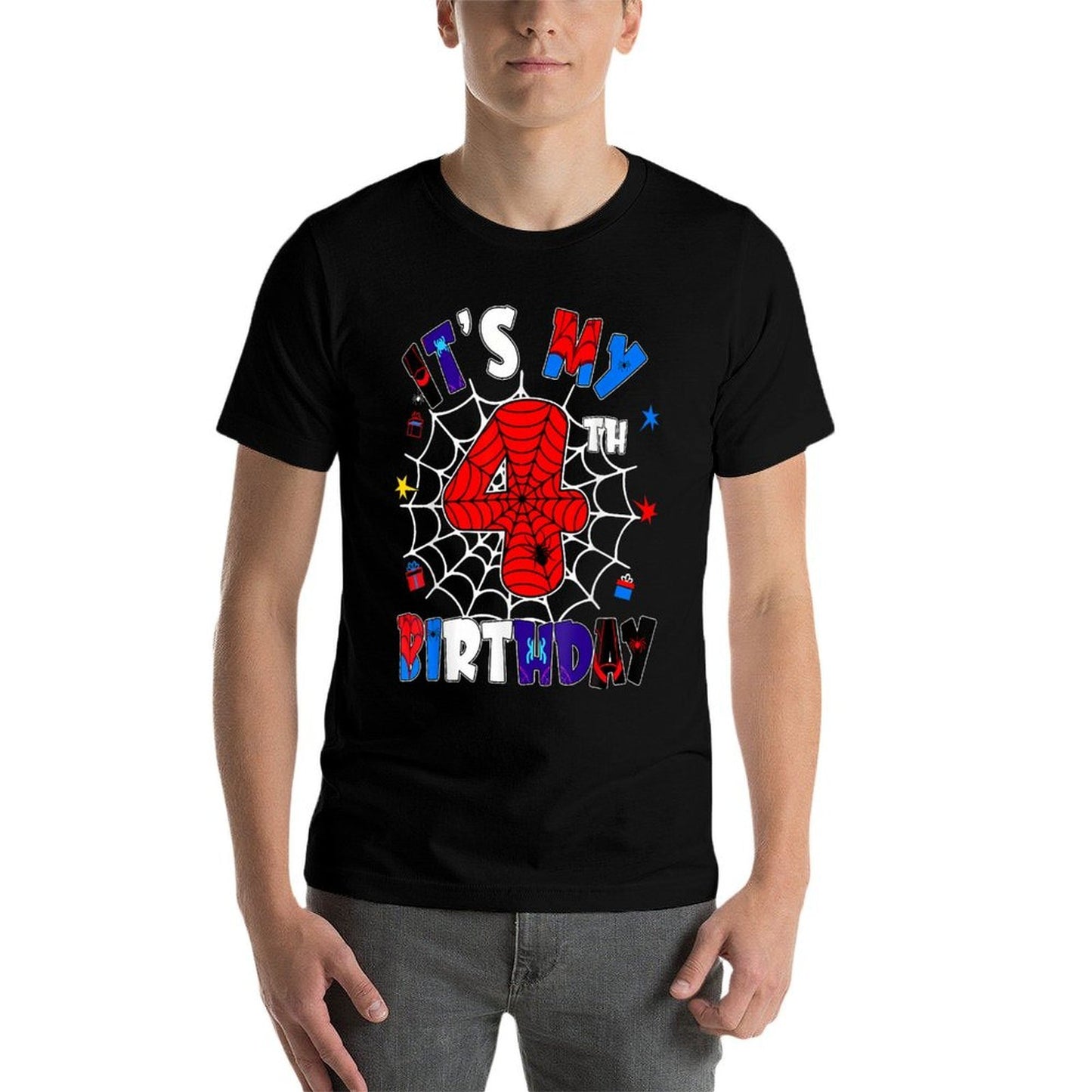 It's My 4th Birthday Spider Theme Party Boys 4 Years Old Polyester Blend T-Shirt