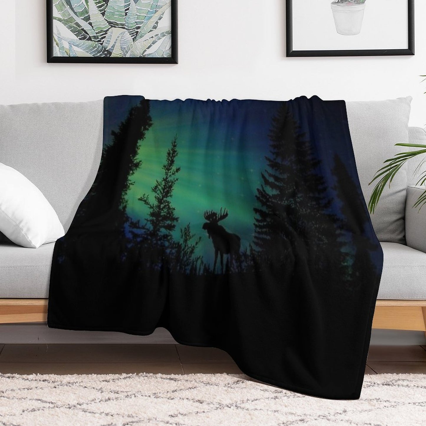 Moose with Northern Lights Shrink-resistant Throw Blanket