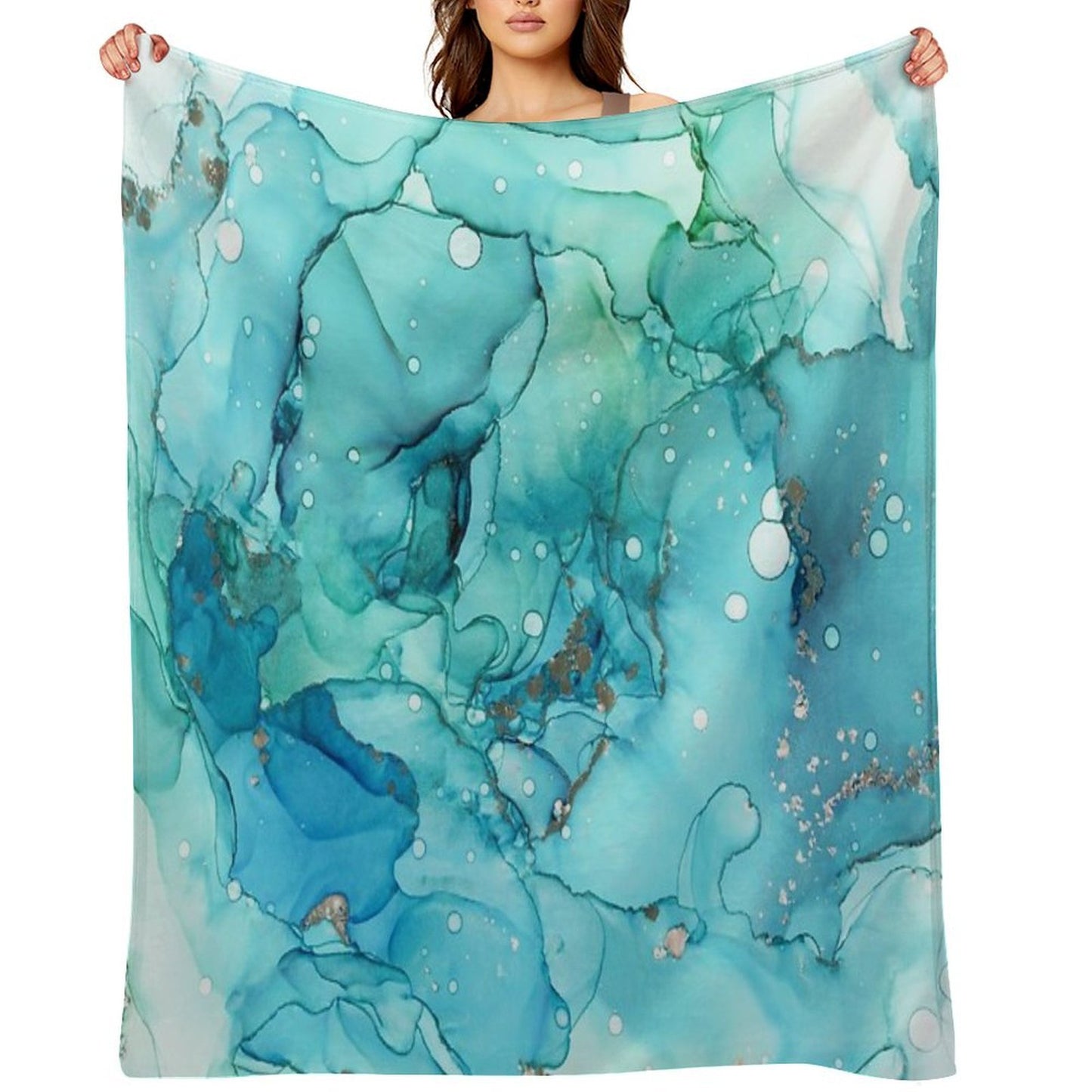Mermaid Tears - Teal Chrome Abstract Ink Painting Multi-functional Throw Blanket
