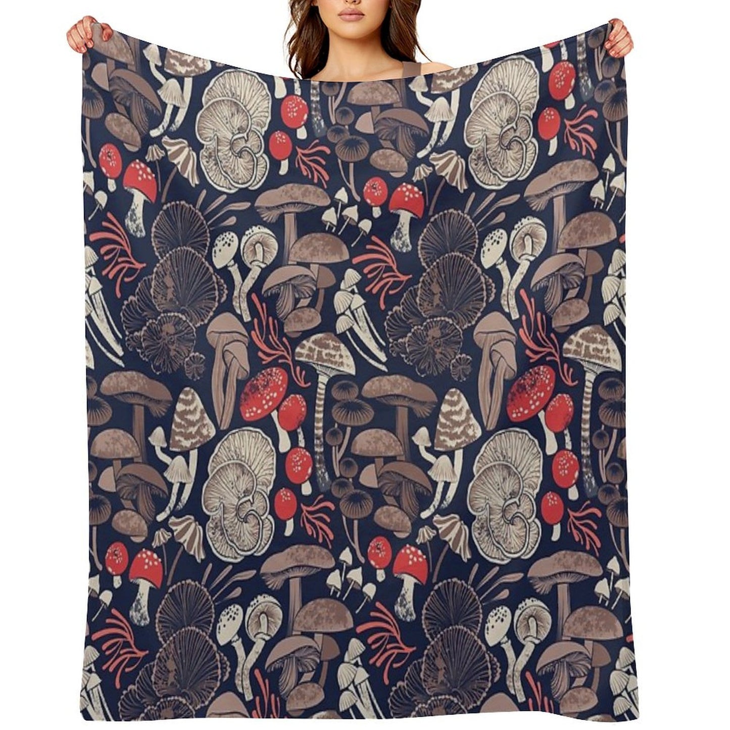 Mystical Fungi Midnight Blue Background Brown Red And Coral Wild Mushrooms Easy Care Throw Blanket