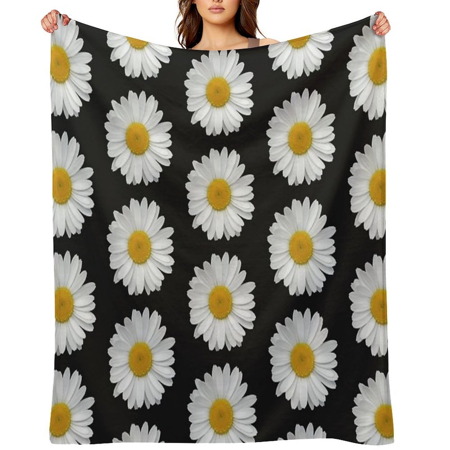 Modern Simple Elegant White Daisy Flowers on Black Anti-pilling Throw Blanket