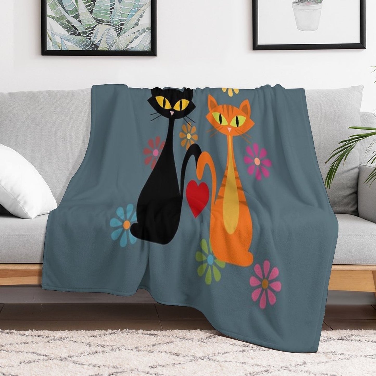 Mid Century Orange And Black Cats in Love Eco-conscious Throw Blanket