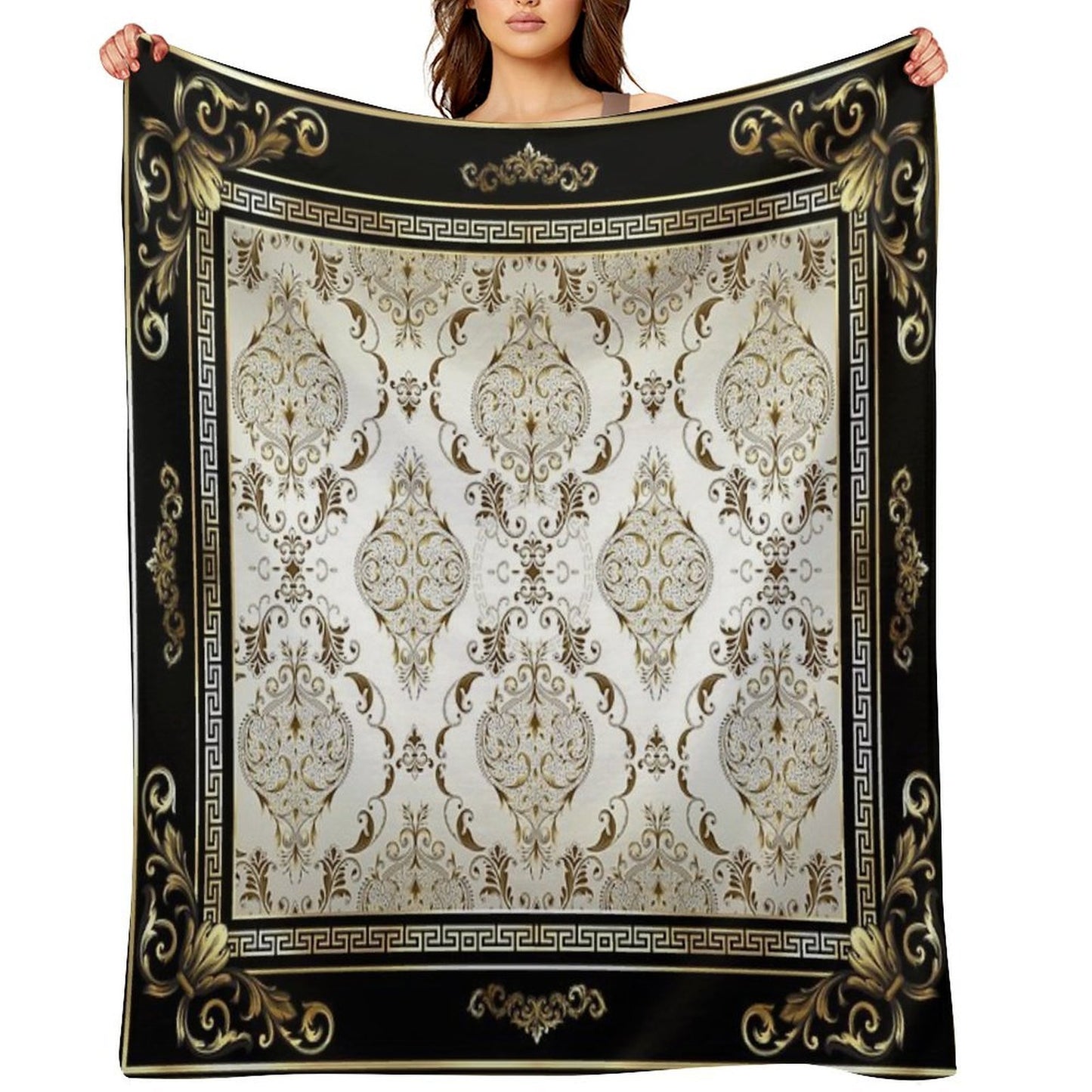 Ornate Baroque Cream Gold Black Greek Key Floral Sustainable Throw Blanket