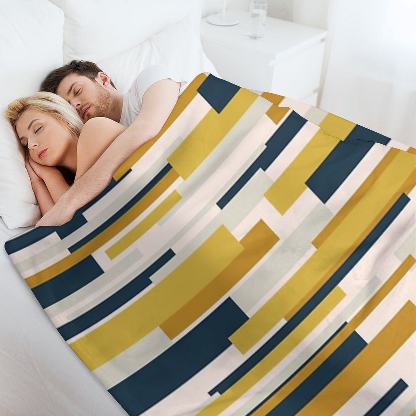 Wright Midcentury Modern Geometric Abstract Pattern in Mustard Yellow, Navy Blue, And Pale Blush Shrink-resistant Throw Blanket