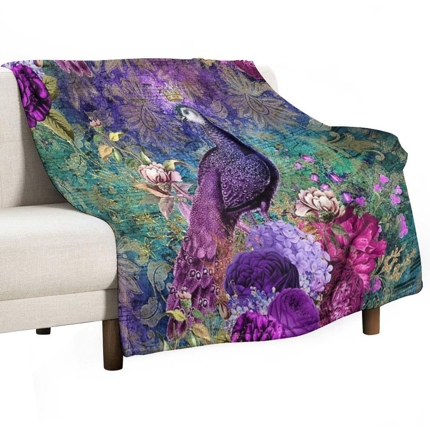 Elegant Vintage Purple Teal Peacocks Velvety-soft Throw Blanket