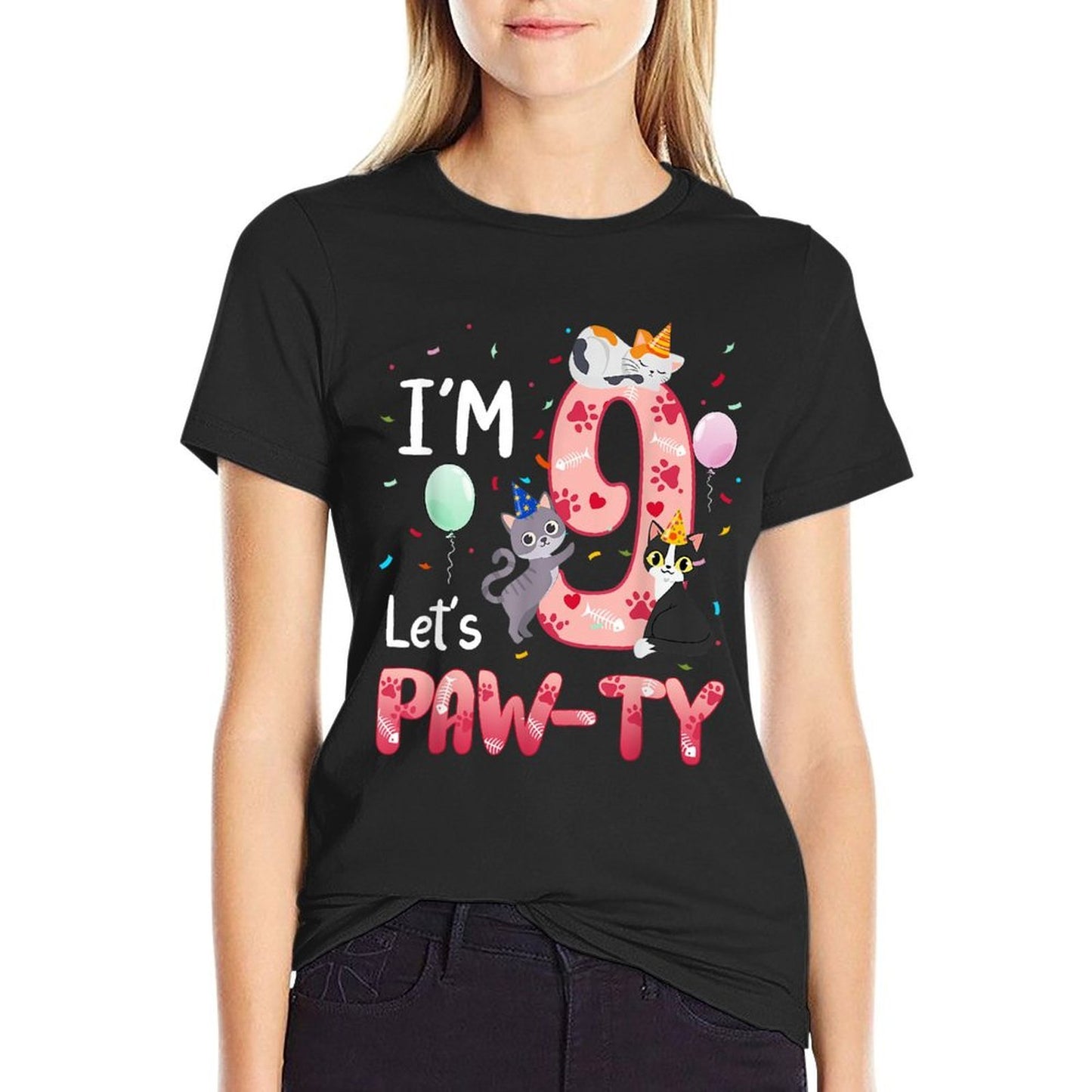 9th Birthday Girl Cat Kitten 9 Years Old Bday Party Tagless Design T-Shirt