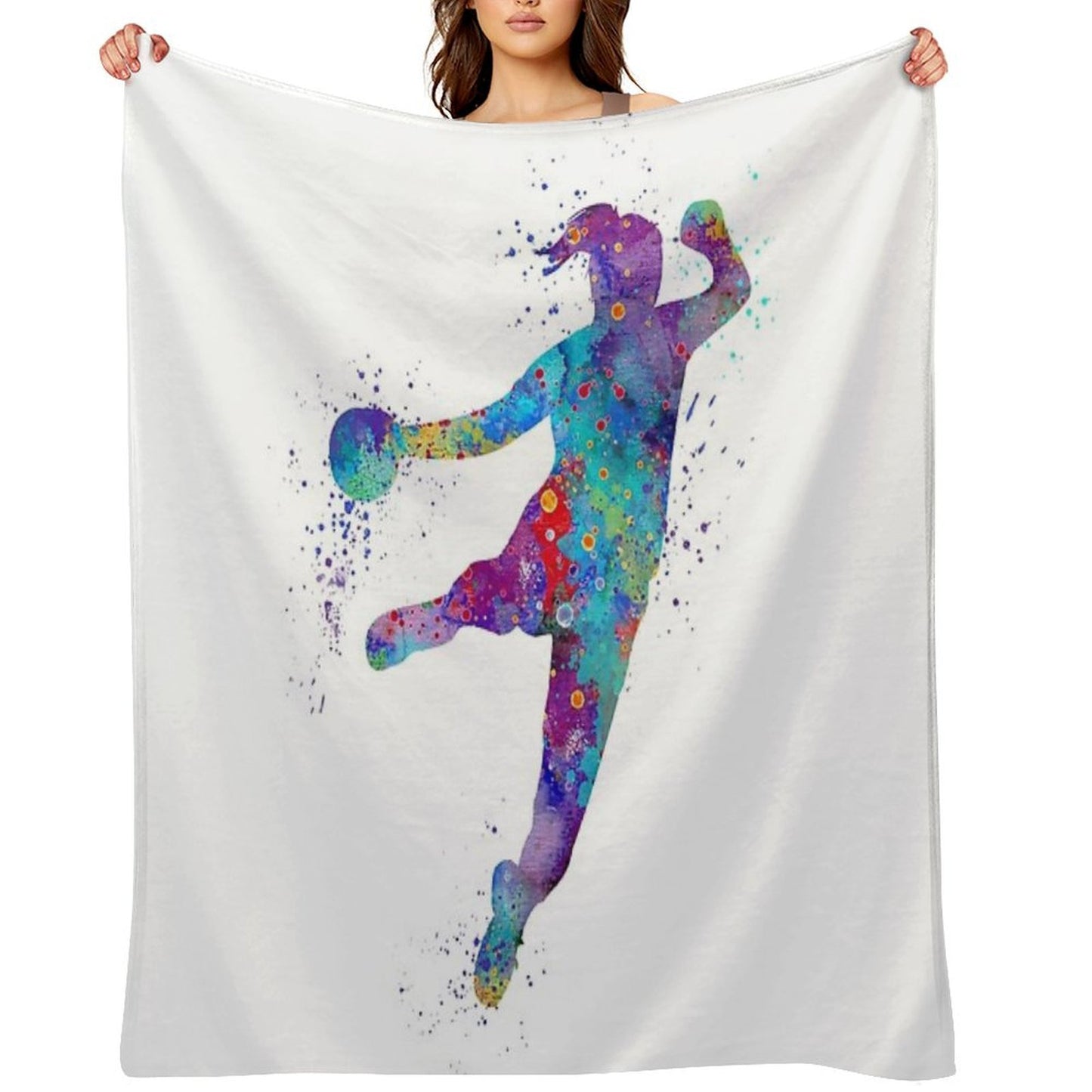 Handball Girl Colorful Watercolor Silhouette Easy Care Throw Blanket