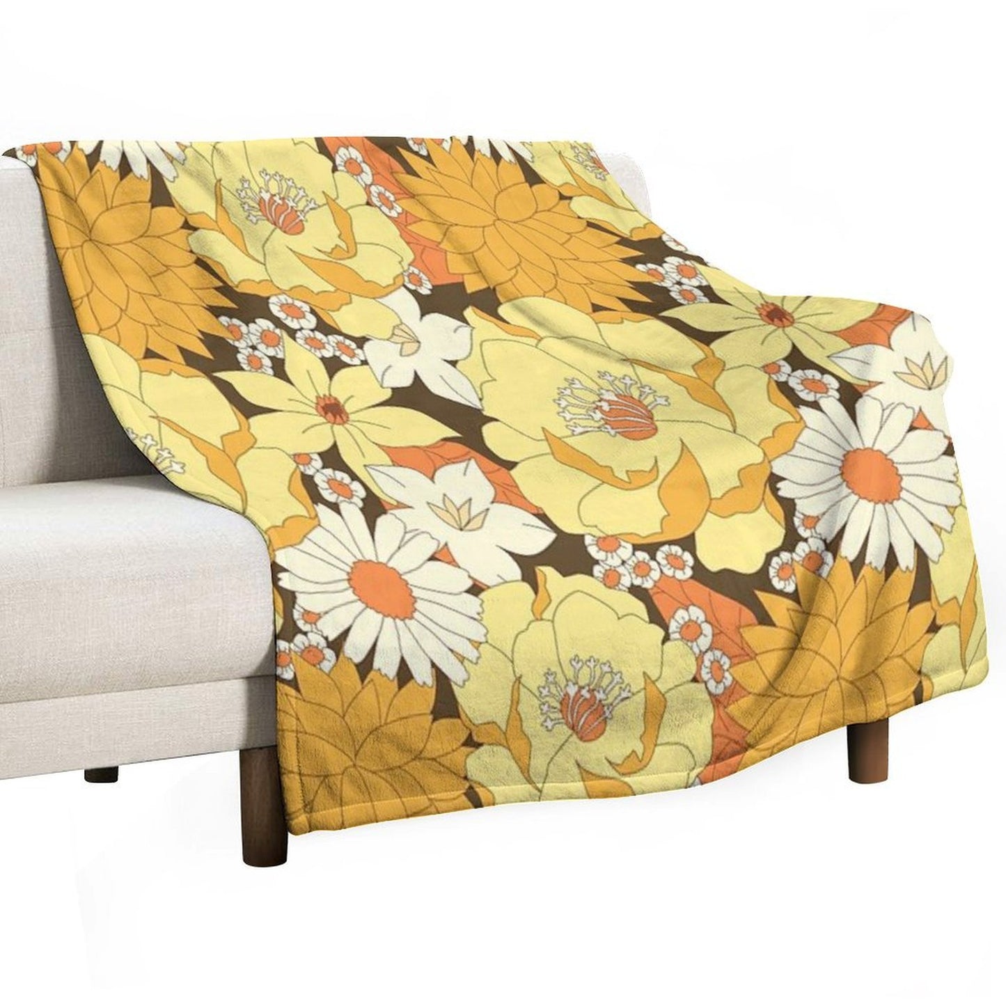 Yellow, Orange And Brown Vintage Floral Pattern Machine-washable Throw Blanket