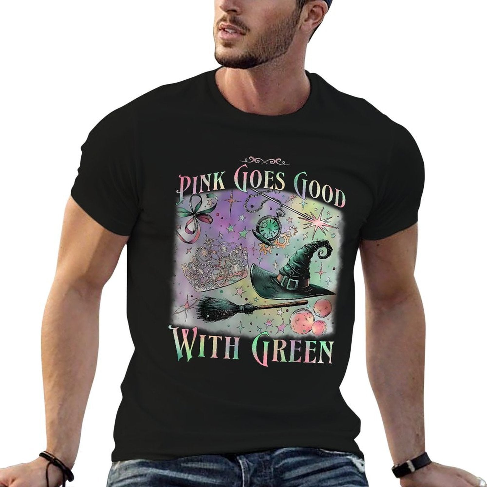 Pink Goes Good With Green Funny Halloween Witch Women Girls  Soft T-Shirt