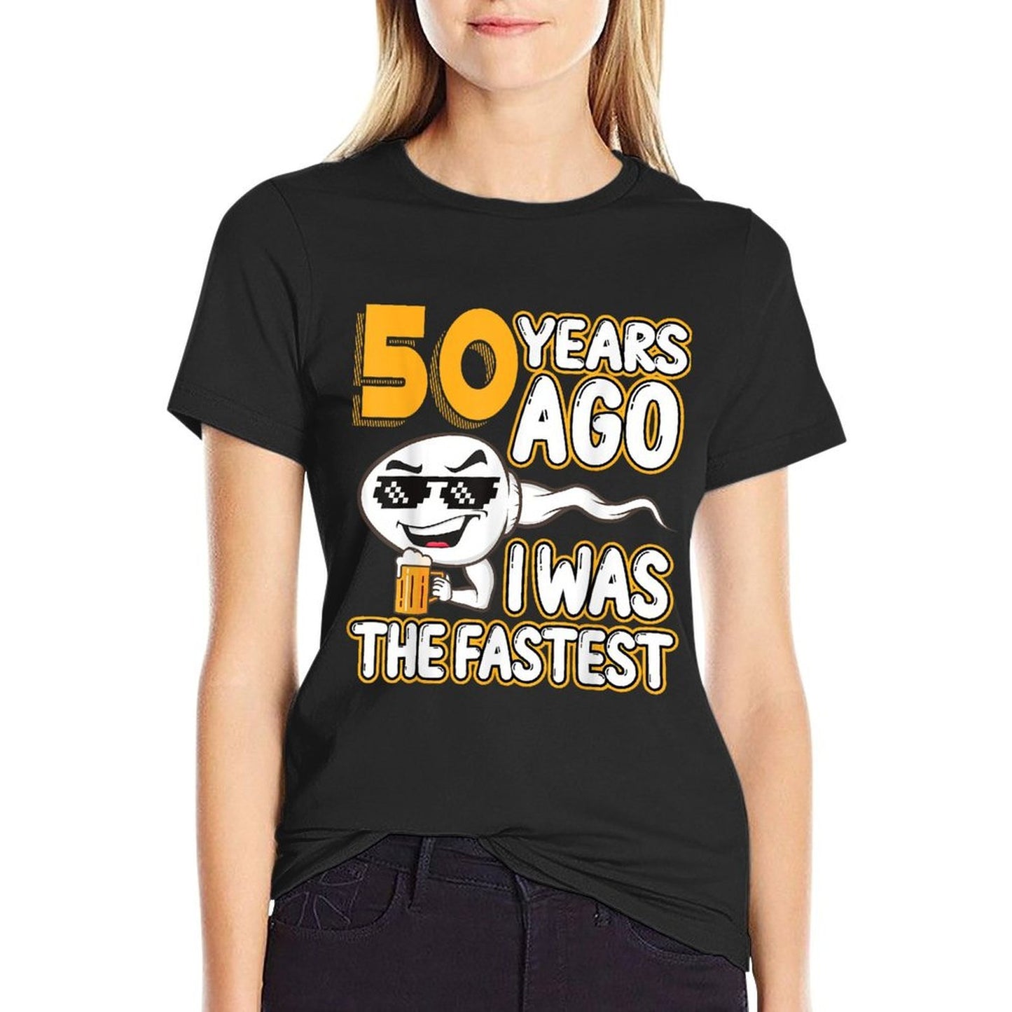 Mens 50th Birthday Gag Sperm 50 Years Ago I Was The Fastest Funny Graphic-printed T-Shirt
