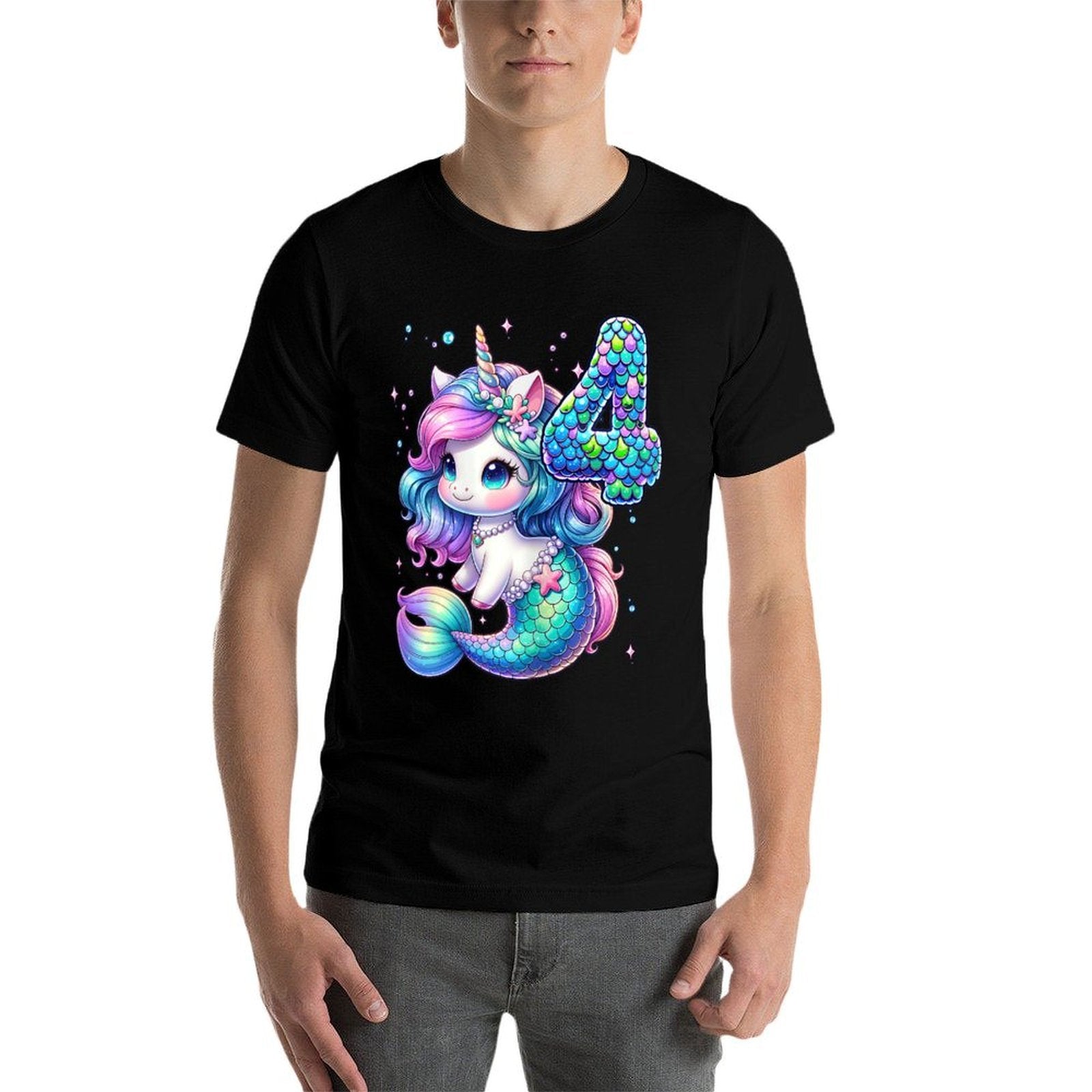 Unicorn Mermaid 4th Birthday 4 Year Old Party Girls Outfit  High-quality Stitching T-Shirt