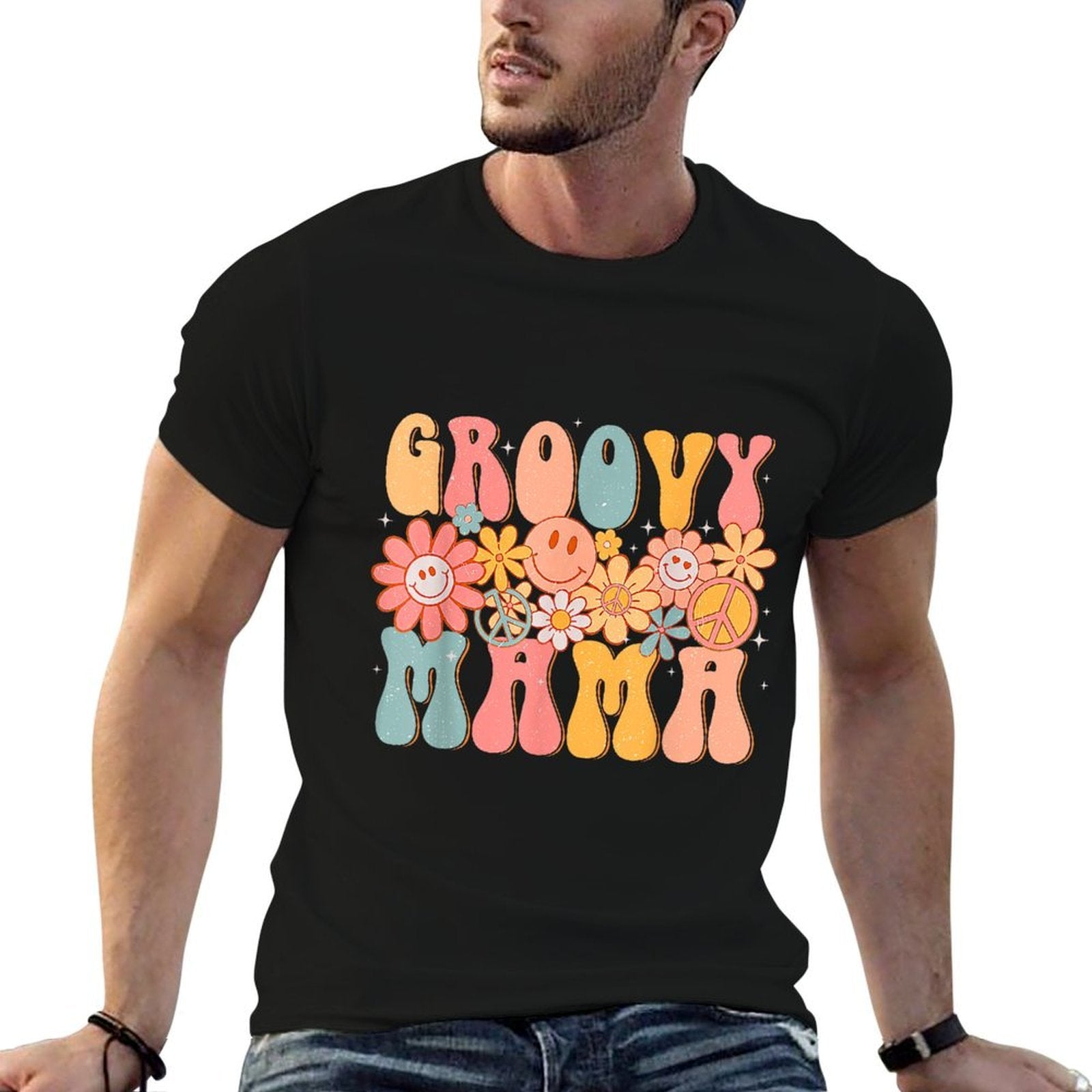 Groovy Mama Retro Mothers Day Colorful Peace Sign Smile Face  Durable T-Shirt