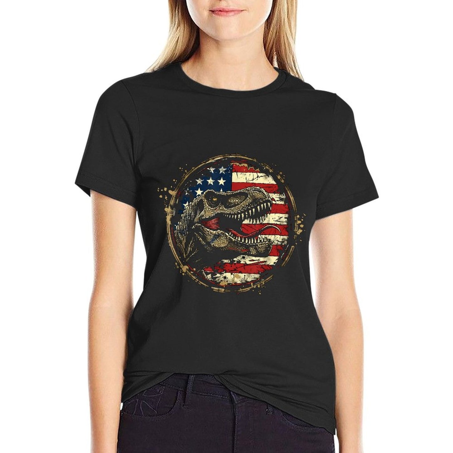 Dinosaur 4th of July America Vintage Amerisaurus Rex for Women Kids Men Wrinkle-resistant T-Shirt