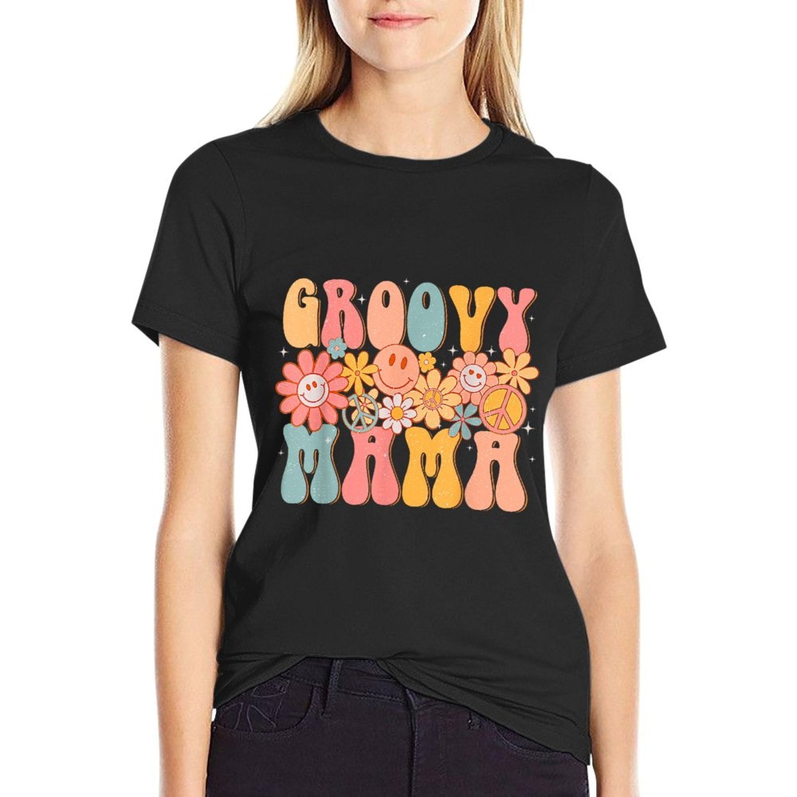 Groovy Mama Retro Mothers Day Colorful Peace Sign Smile Face  Durable T-Shirt