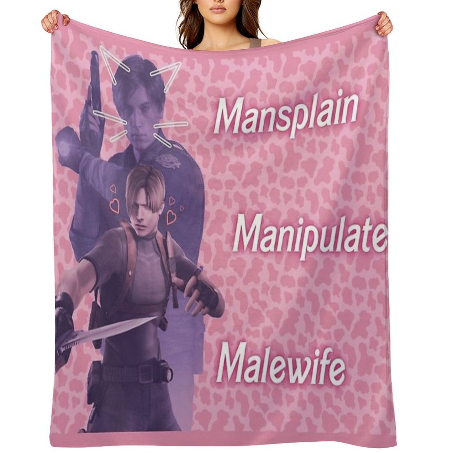 Mansplain, Manipulate, Malewife Leon (Cow) PINK VERSION Wrinkle-free Throw Blanket