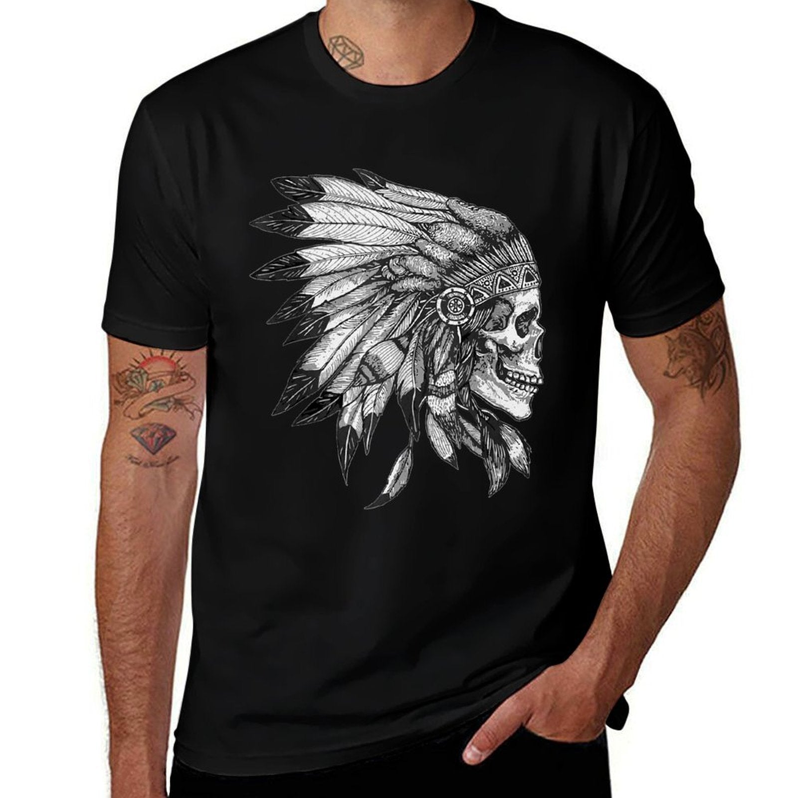 American Motorcycle Skull Native Indian Eagle Chief Vintage  Trendy Pattern T-Shirt