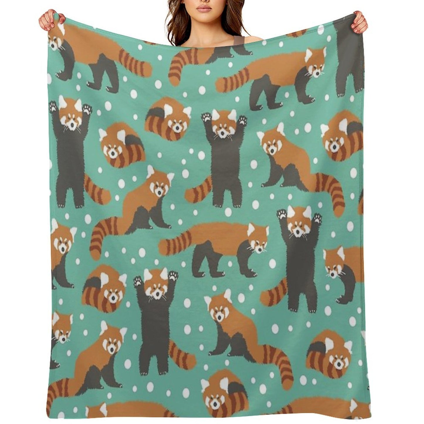 Cute Red Panda Pattern with White Dots And Turquoise Background Sustainable Throw Blanket