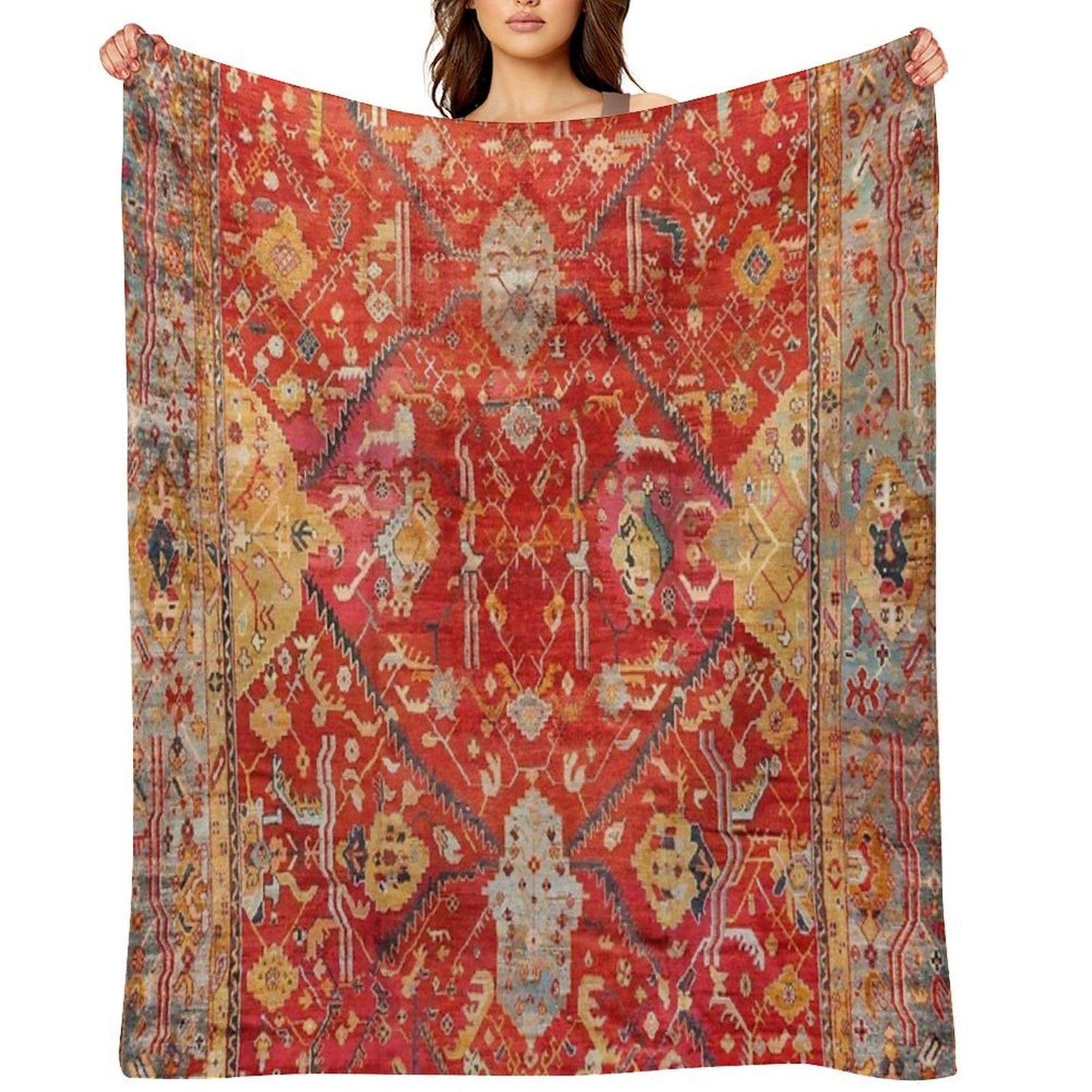 Antique Turkish Oushak Rug Print Gift-ready Throw Blanket