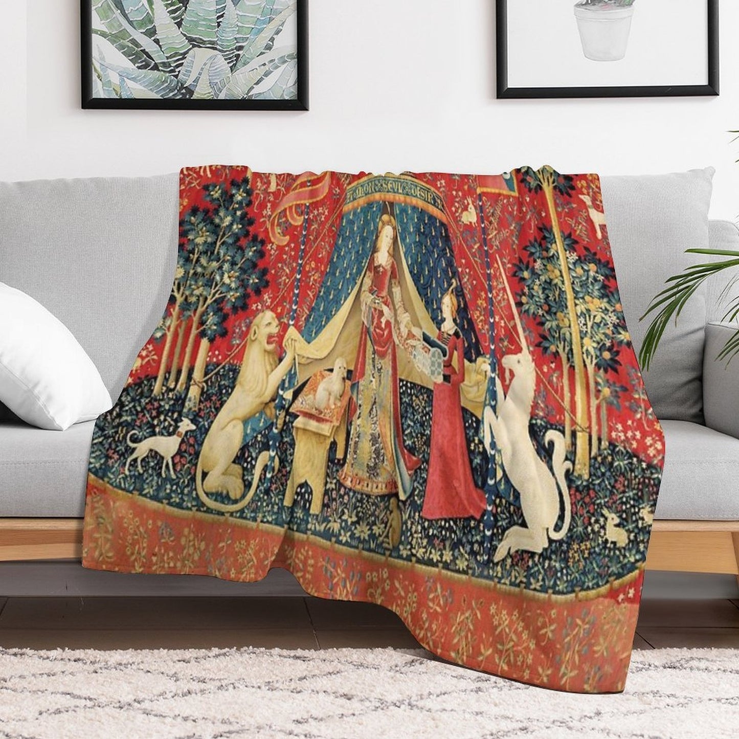 LADY AND THE UNICORN DESIRE ,Lion,Fantasy Flowers,Animals,Red Green Floral Tapestry Premium Throw Blanket