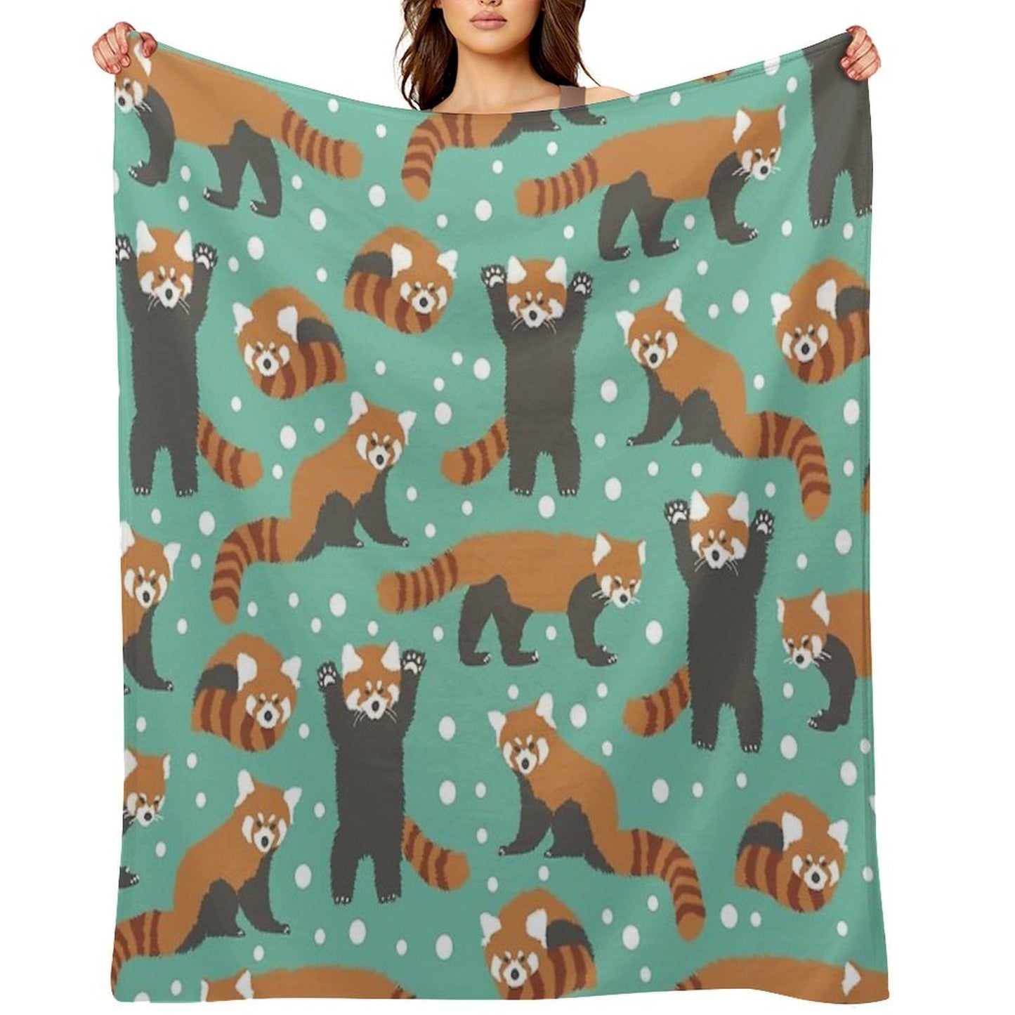 Cute Red Panda Pattern with White Dots And Turquoise Background Sustainable Throw Blanket