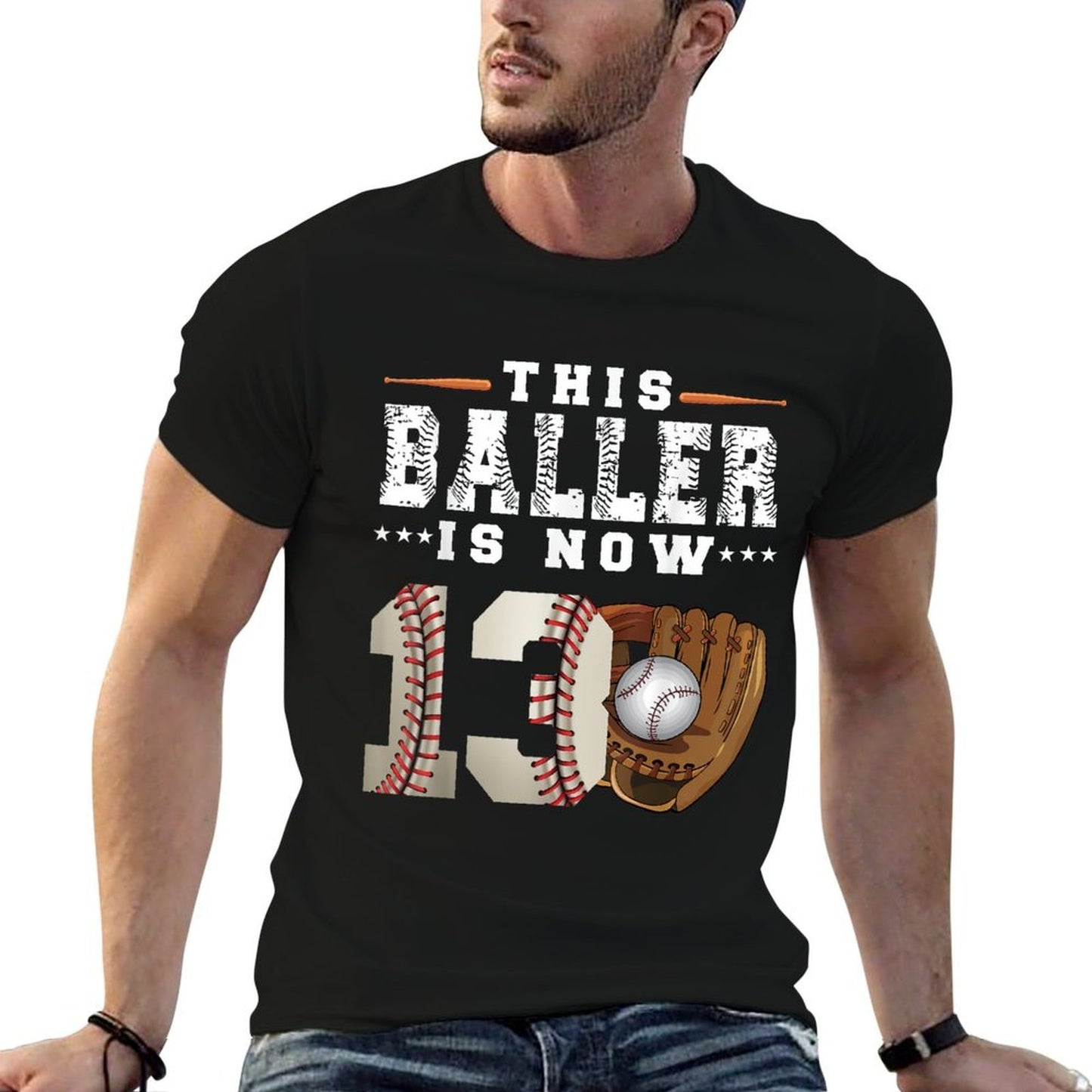 13 Years This Baller Is Now 13 Kids Baseball 13th Birthday Ribbed Collar T-Shirt