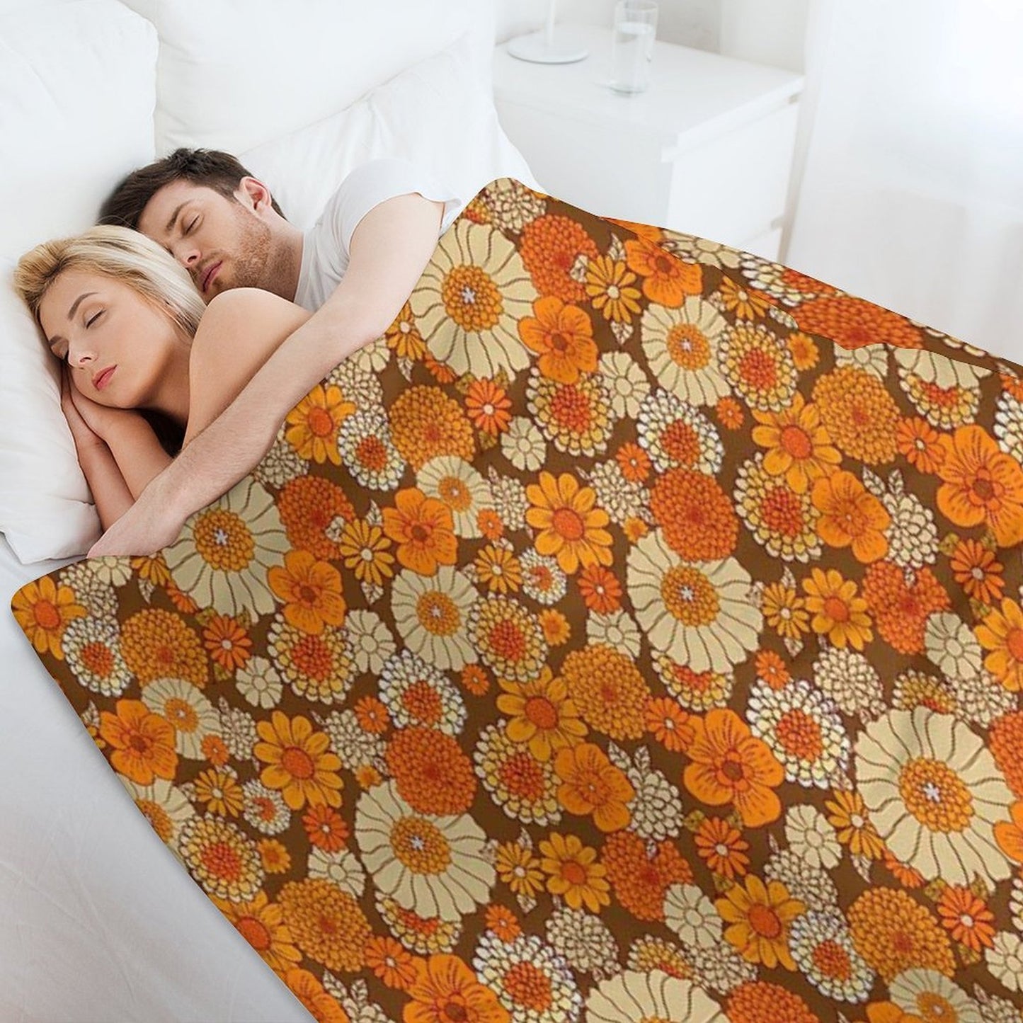 70s Retro Daisies, Vintage Flower Power, Orange And Brown, Boho, Premium Throw Blanket