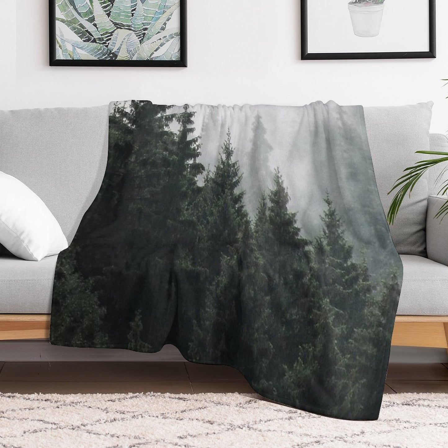 Waiting For Misty Foggy Fairytale Forest With Cascadia Trees Covered In Magic Fog Shrink-resistant Throw Blanket