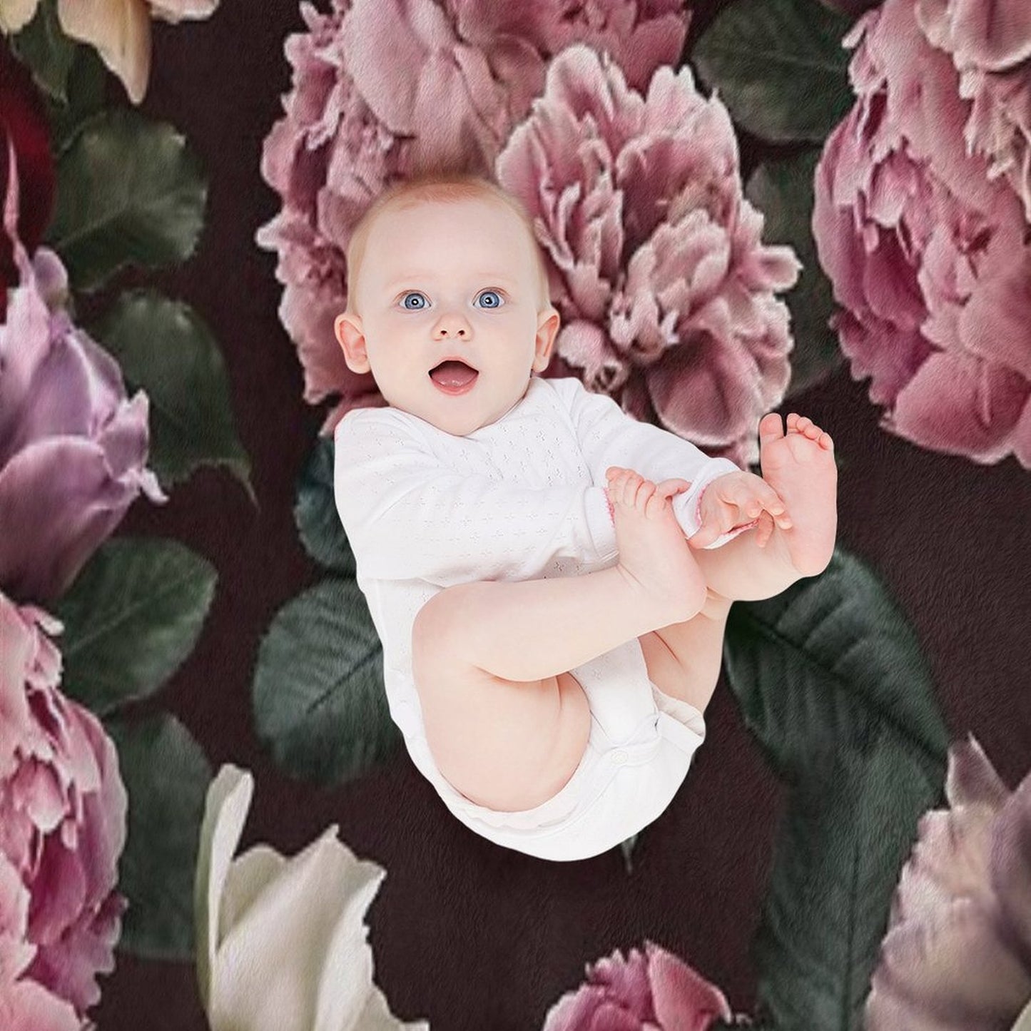 Vintage Bouquets of Pink Lush Peonies, Purple Tulips, Roses And Dark Red Anemones. Plush Throw Blanket