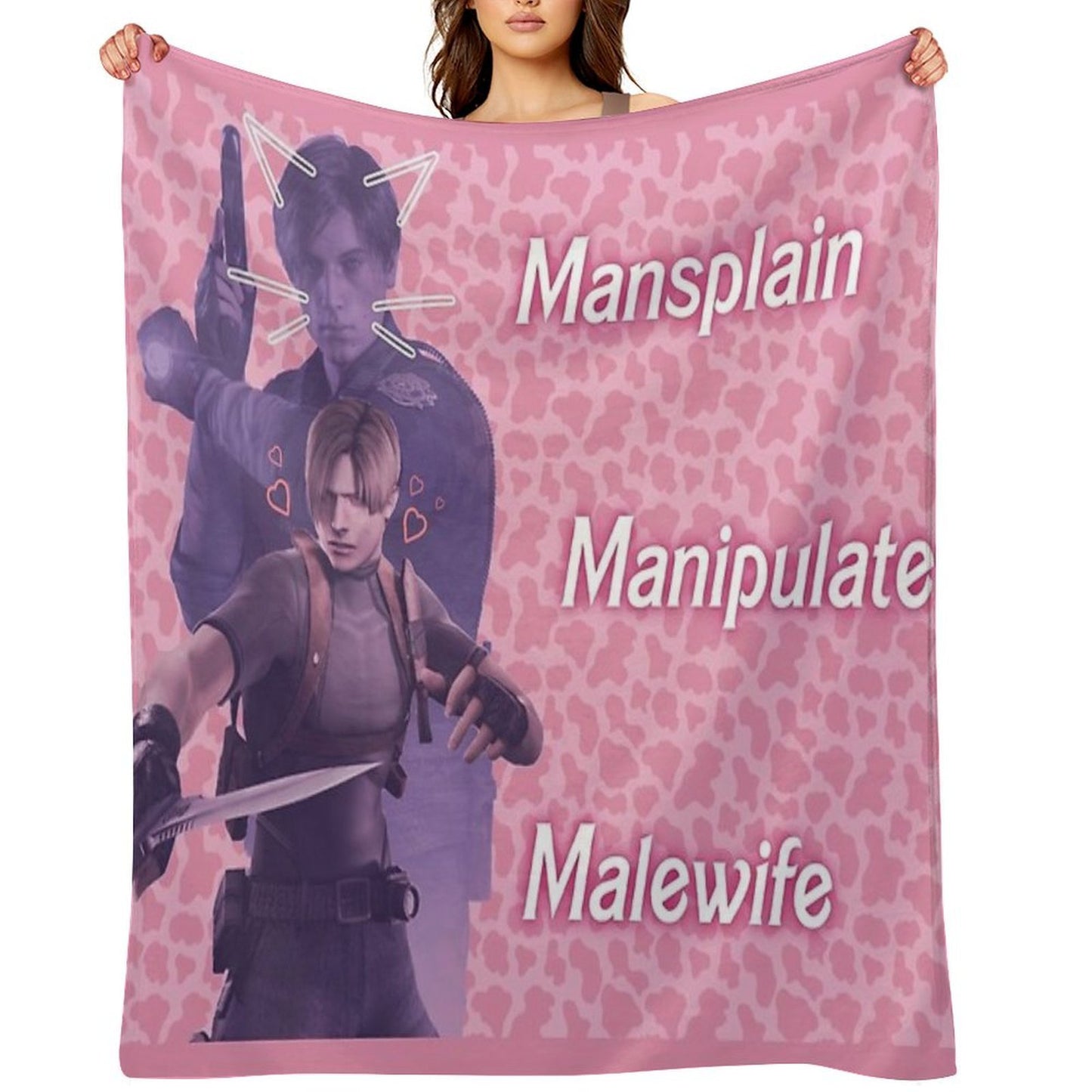 Mansplain, Manipulate, Malewife Leon (Cow) PINK VERSION Wrinkle-free Throw Blanket