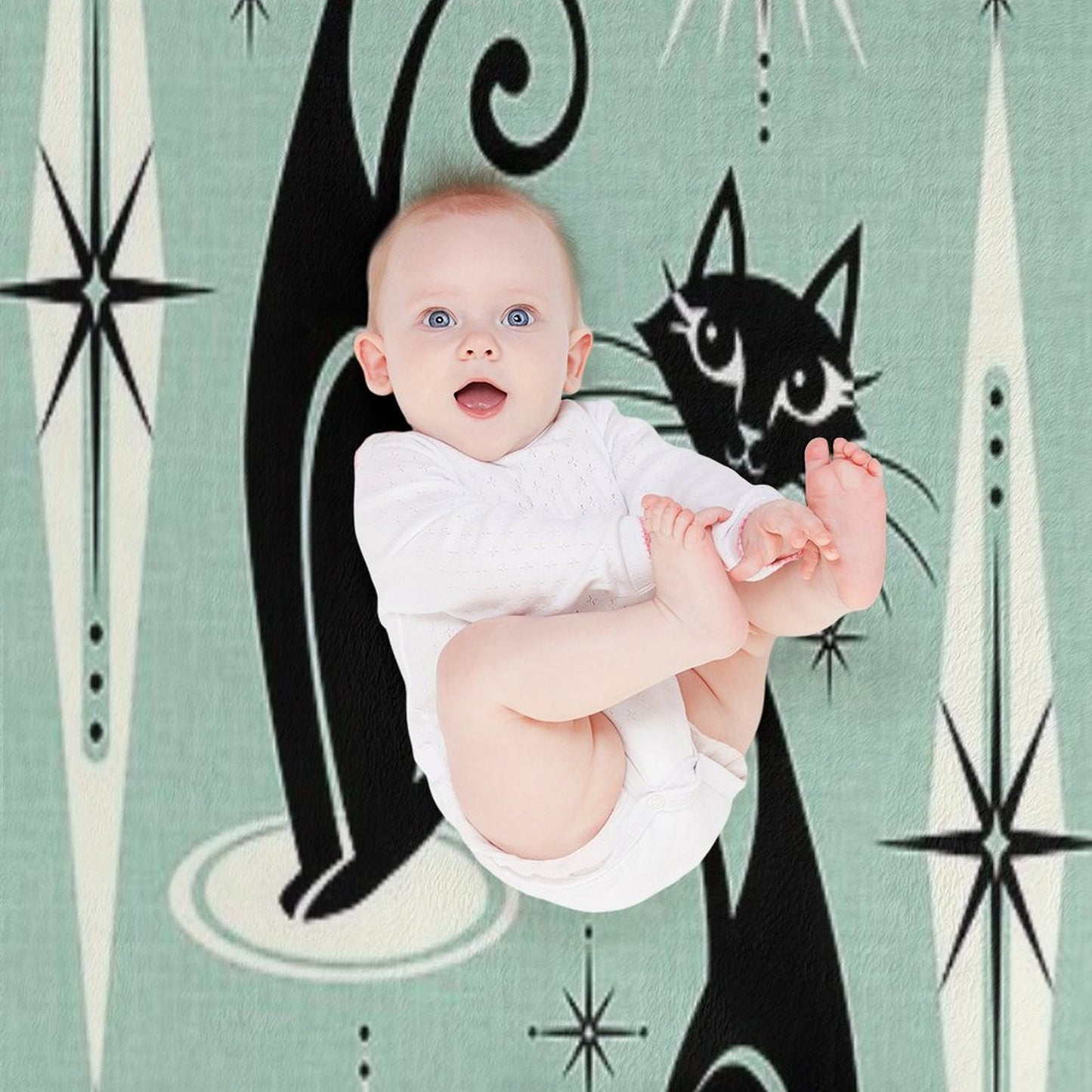 Mid Century Meow Retro Atomic Cats on Vintage Mint ©studioxtine Wrinkle-free Throw Blanket