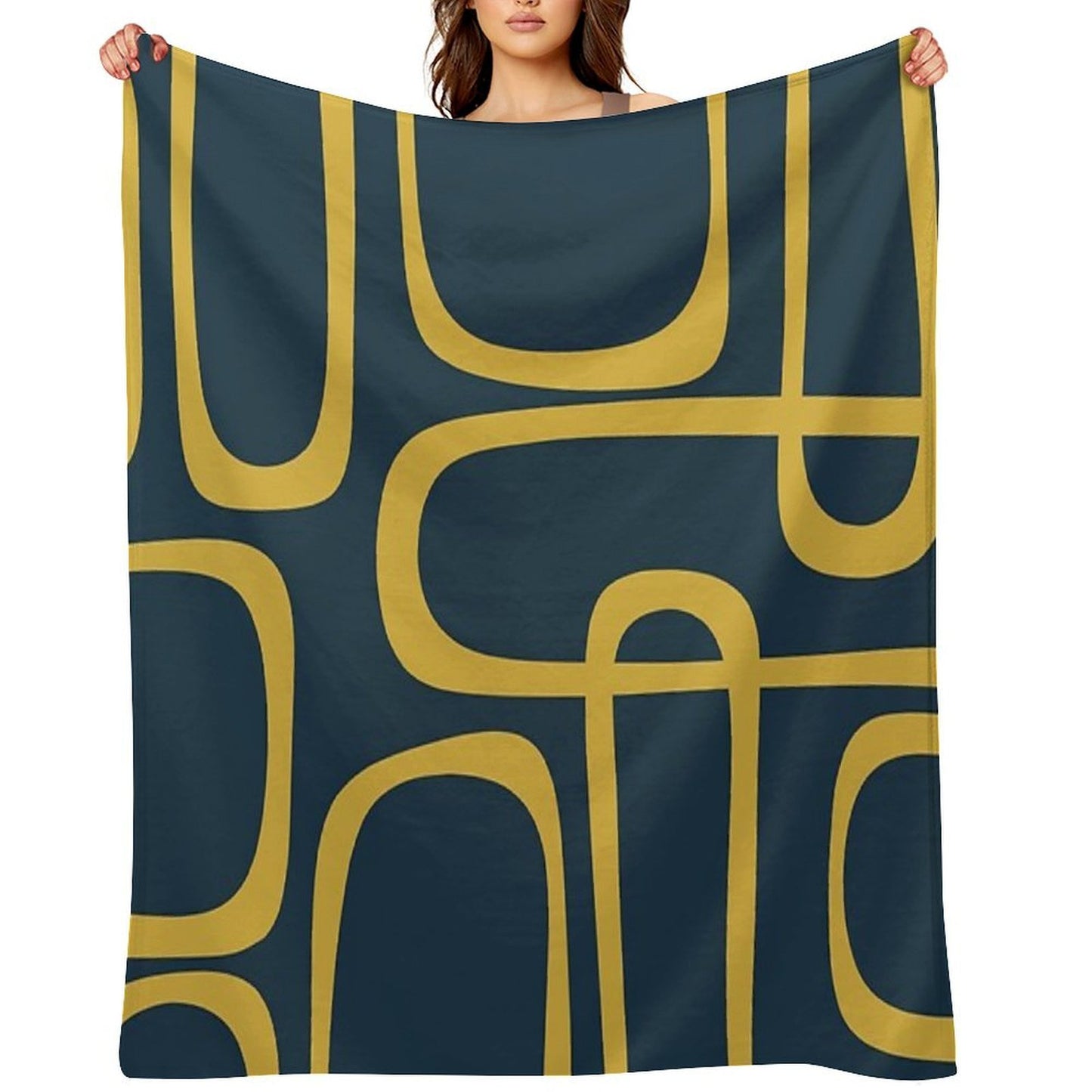 Midcentury Modern Loops Retro Pattern in Light Mustard And Navy Blue Lightweight Throw Blanket