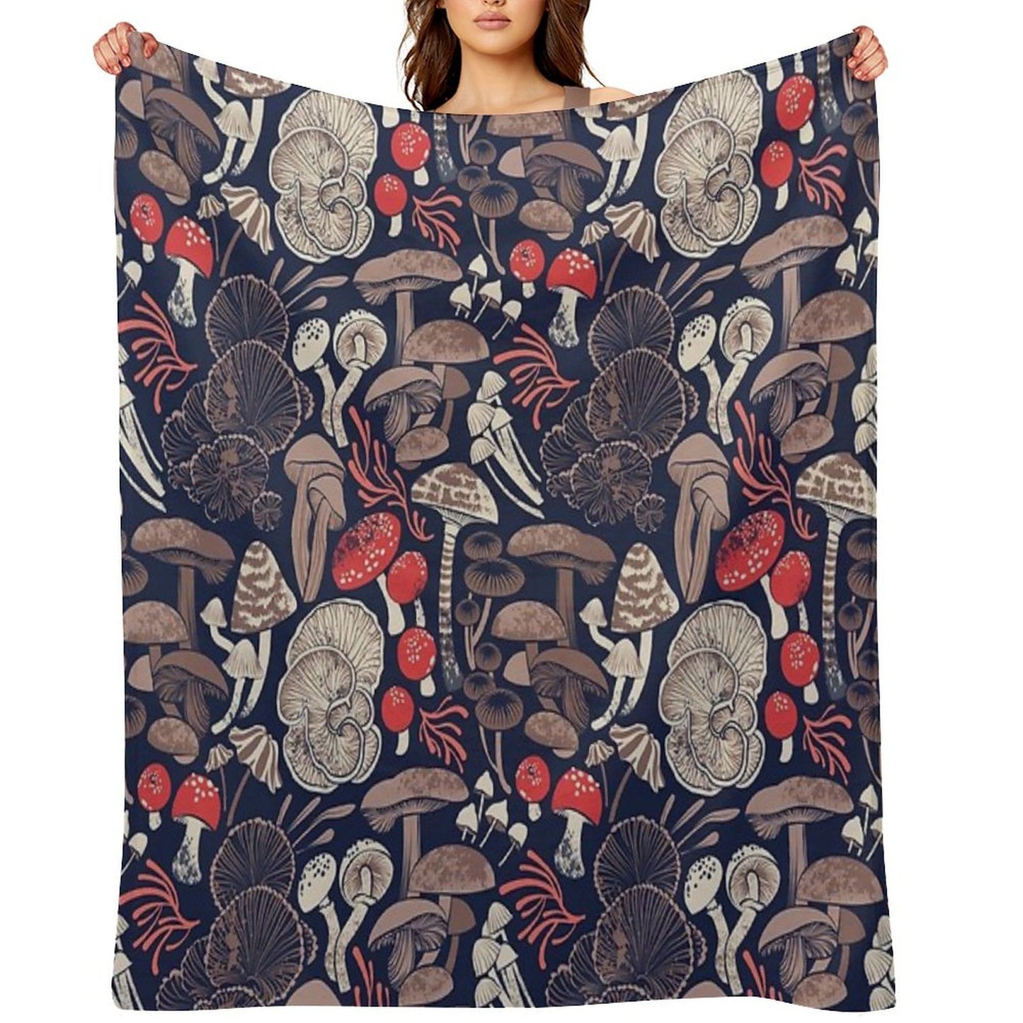 Mystical Fungi Midnight Blue Background Brown Red And Coral Wild Mushrooms Easy Care Throw Blanket