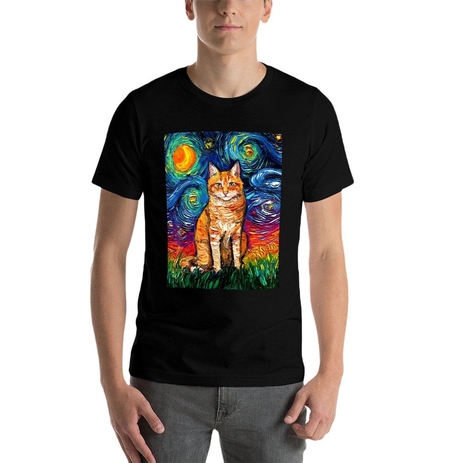 Orange Tabby Tiger Cat Starry Night Colorful Art by Aja  Lightweight T-Shirt