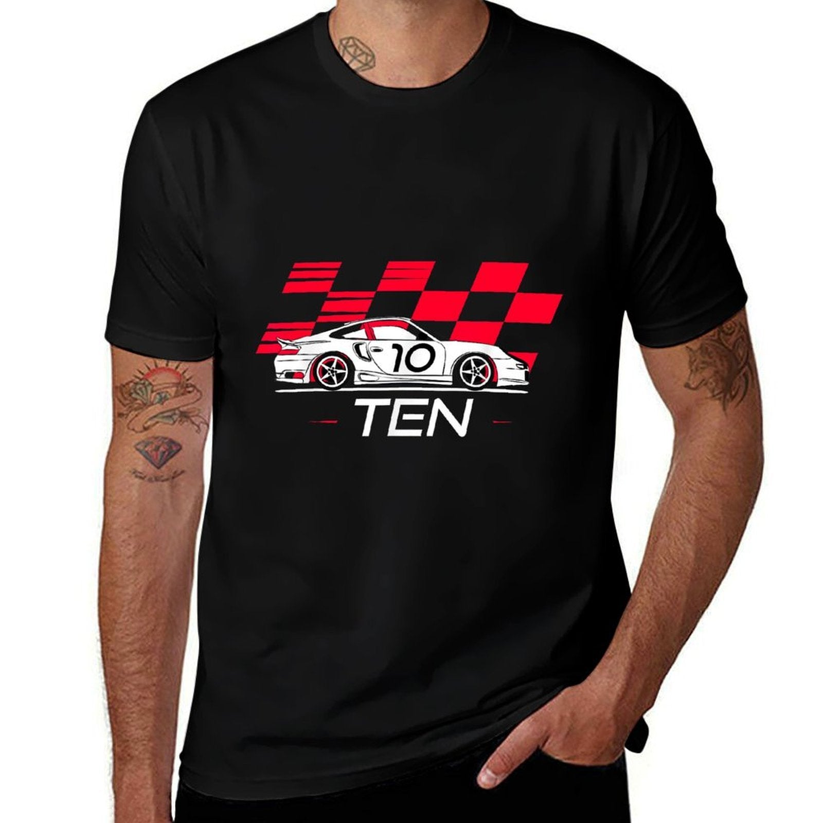 Race Car 10th Birthday Ten Year Old Boy Party  Rolled Sleeves T-Shirt