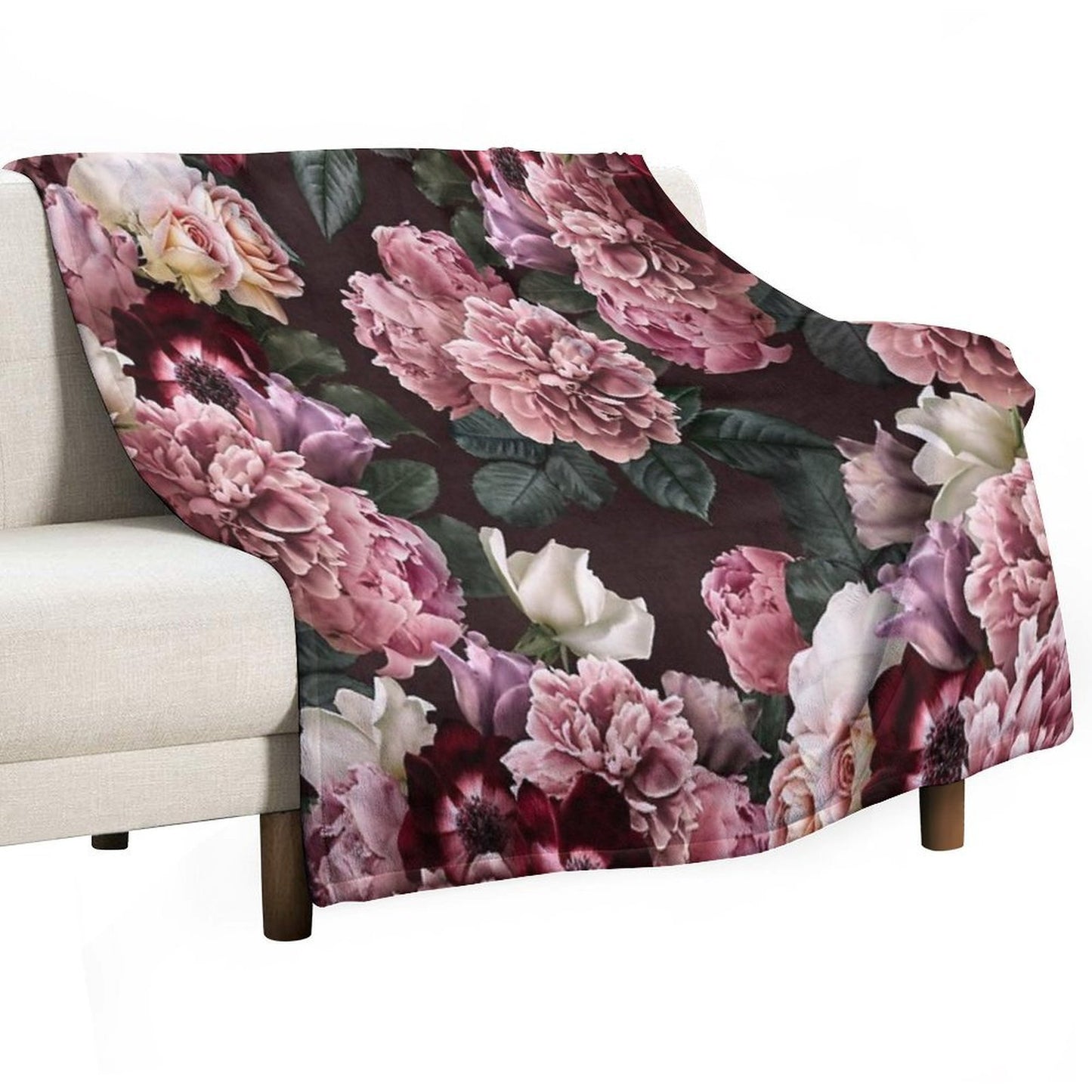 Vintage Bouquets of Pink Lush Peonies, Purple Tulips, Roses And Dark Red Anemones. Plush Throw Blanket