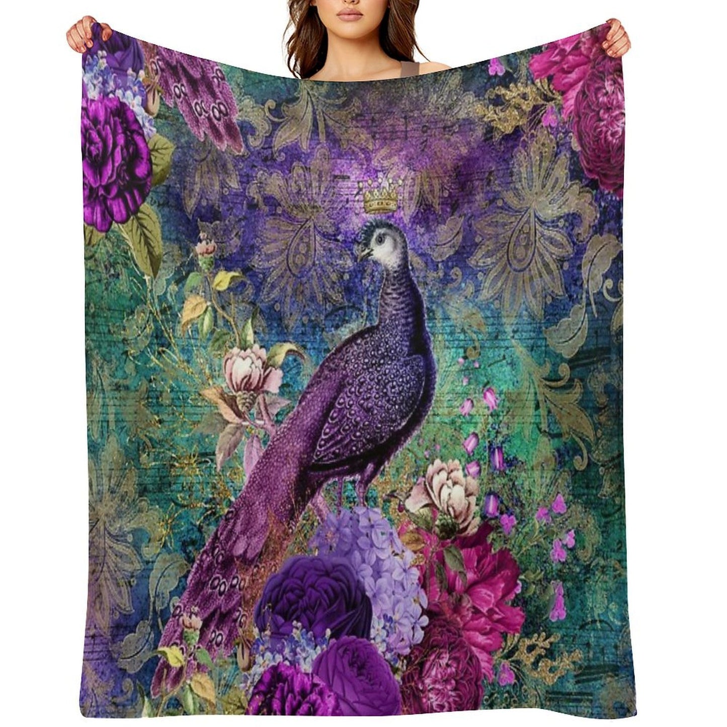 Elegant Vintage Purple Teal Peacocks Velvety-soft Throw Blanket