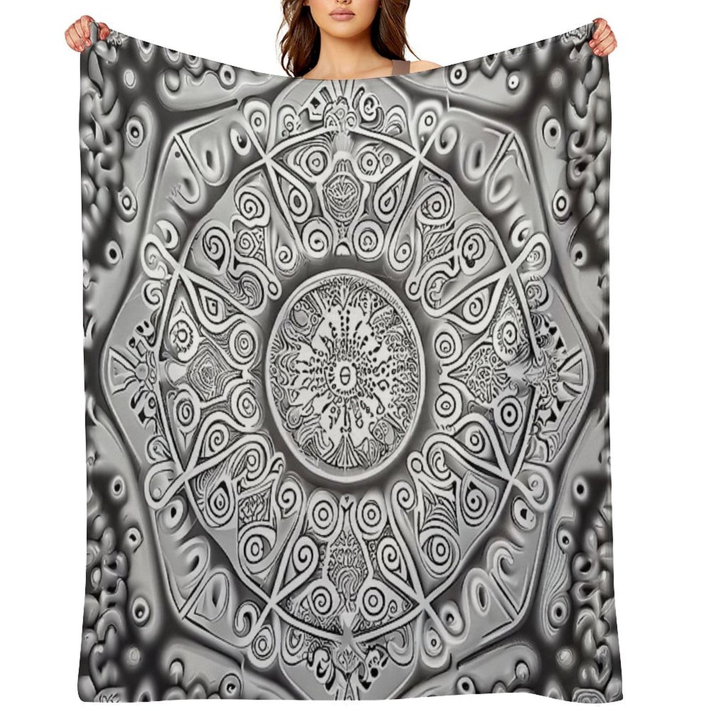 Symmetrical Monochromatic New Traditional Pattern Digital Painting Travel-friendly Throw Blanket