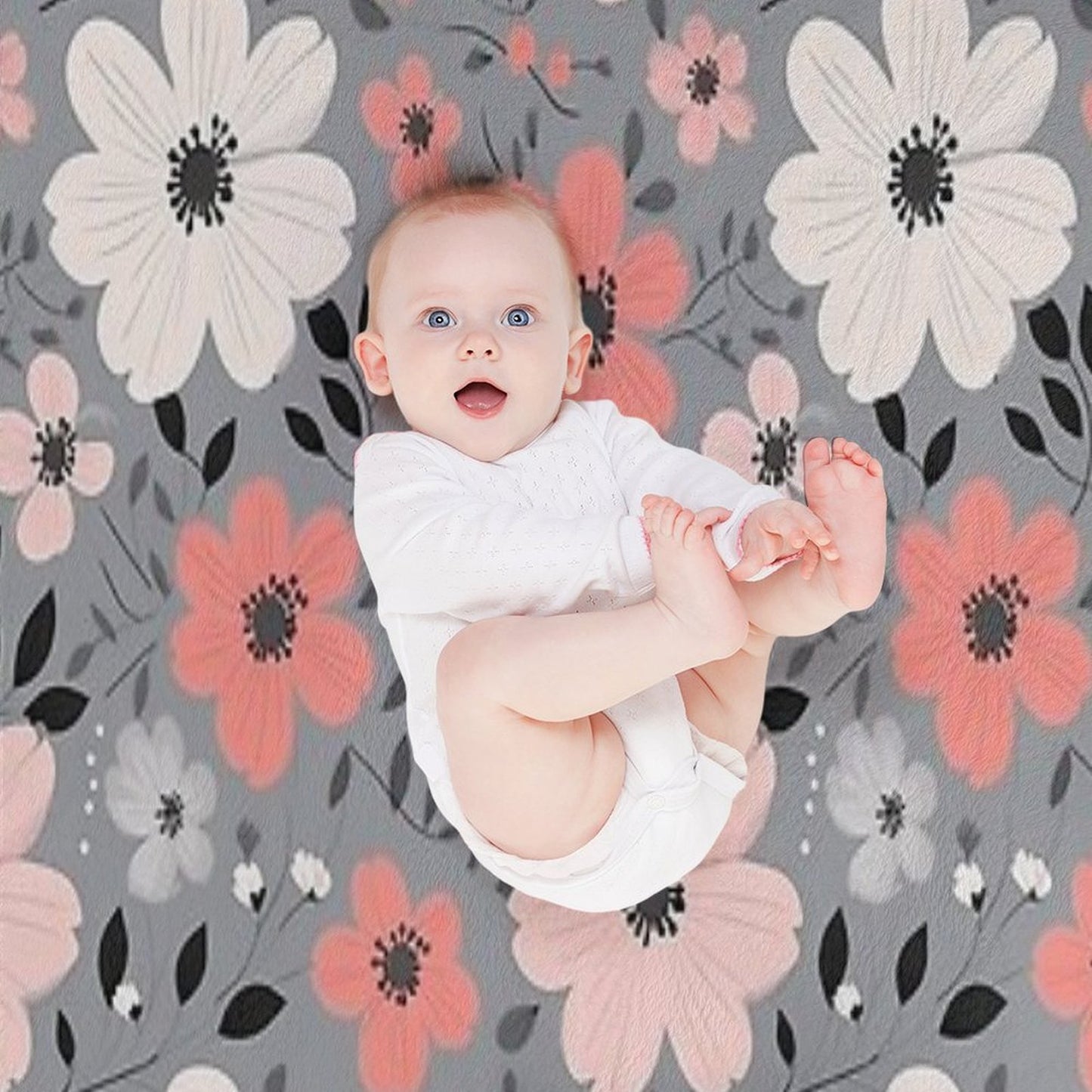 Pink Salmon White Grey Flowers Grey Background Pattern Velvety-soft Throw Blanket