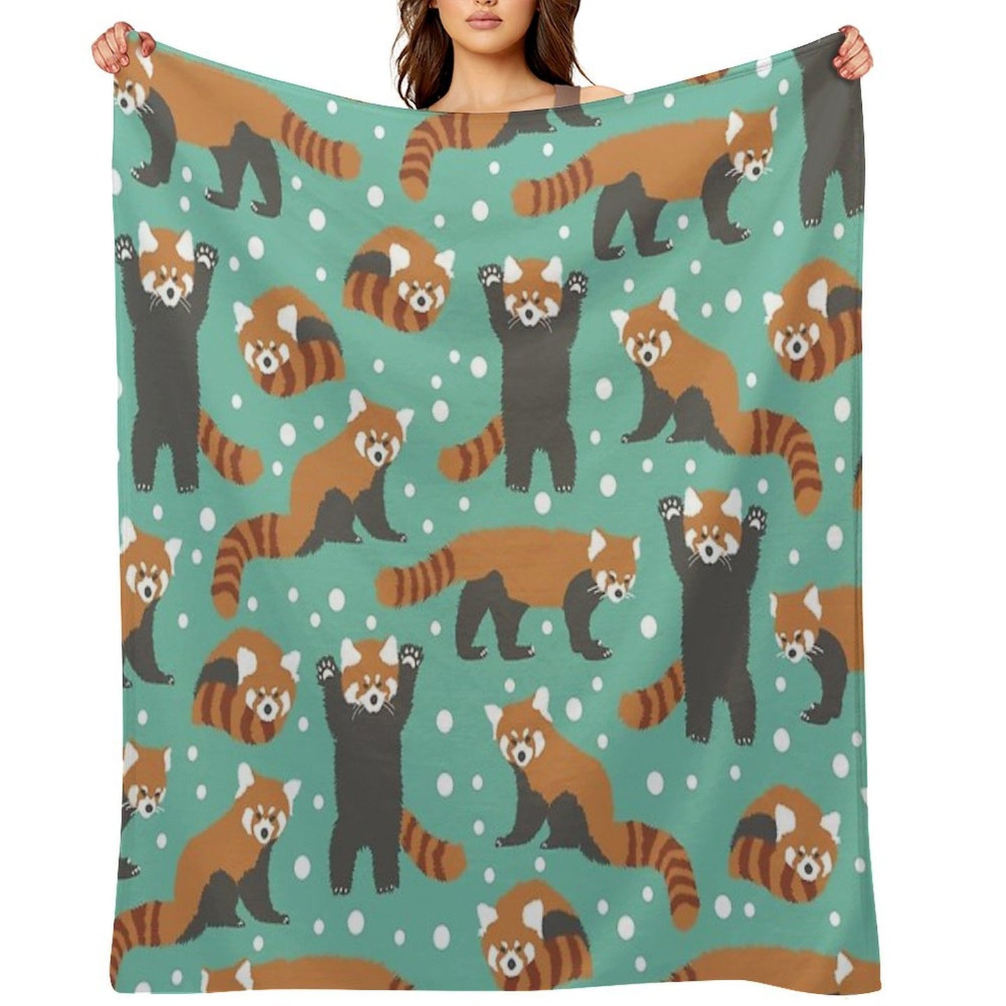 Cute Red Panda Pattern with White Dots And Turquoise Background Sustainable Throw Blanket