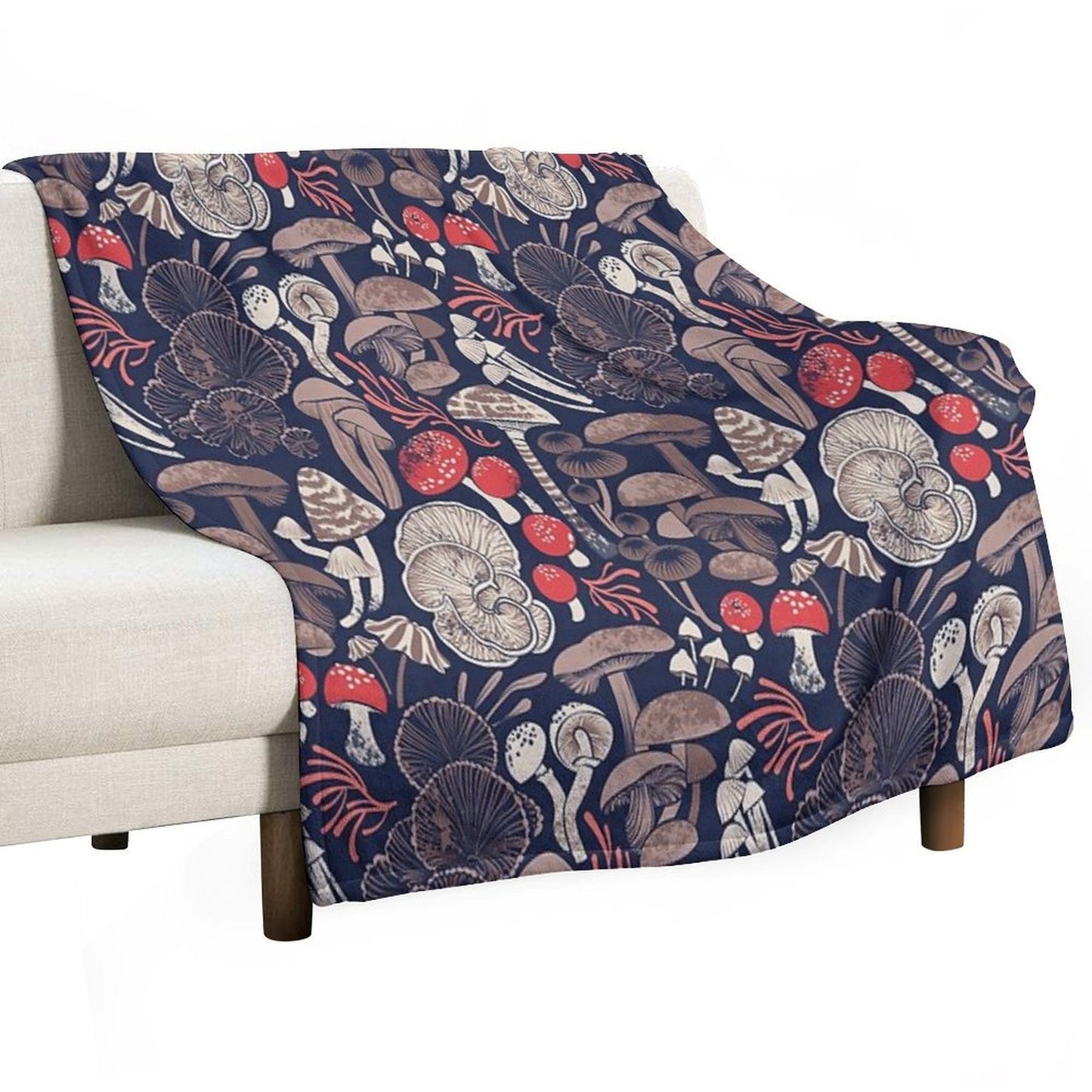 Mystical Fungi Midnight Blue Background Brown Red And Coral Wild Mushrooms Easy Care Throw Blanket
