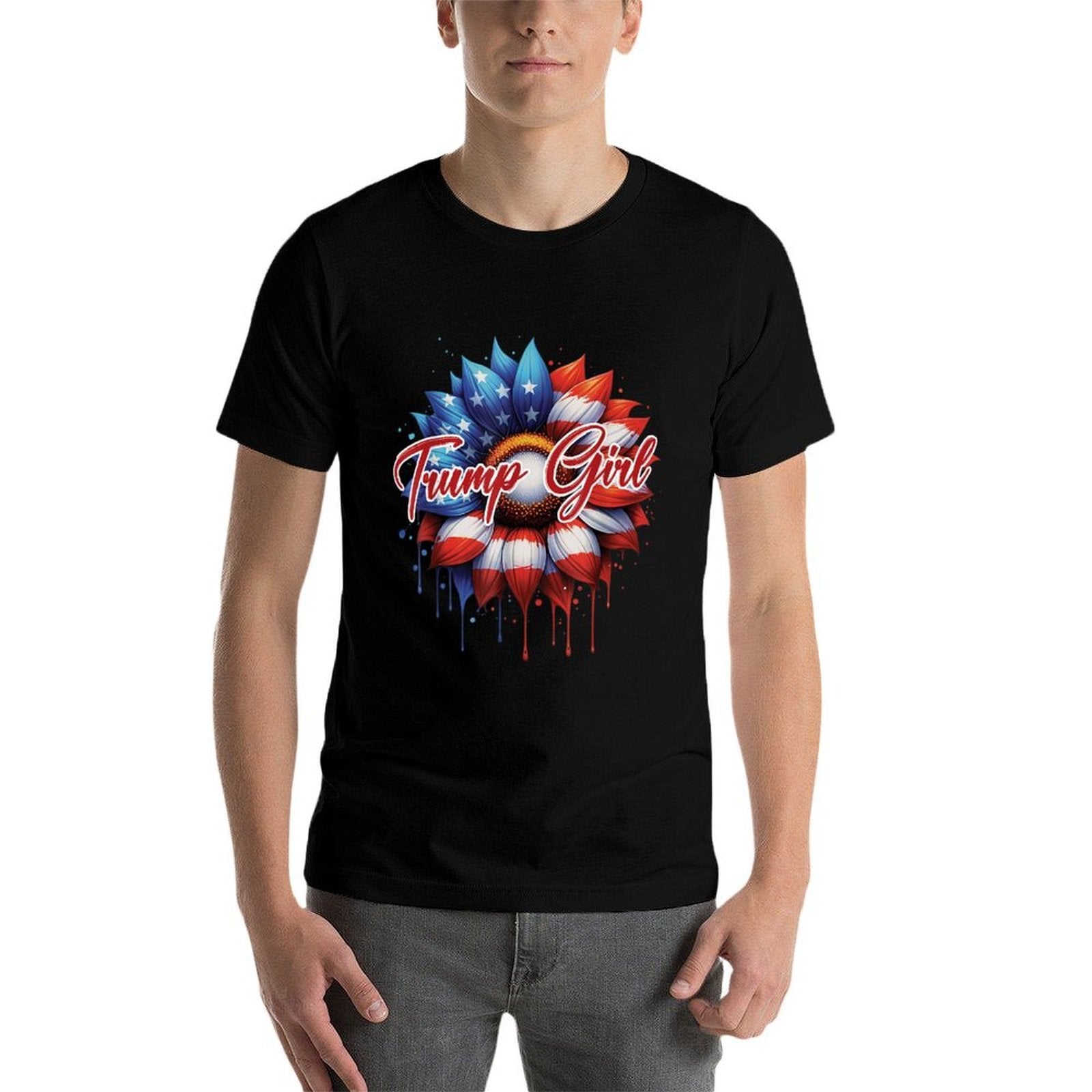 Trump Girl Trump 2024 American Flag Sunflower Re-Election  Polyester Blend T-Shirt
