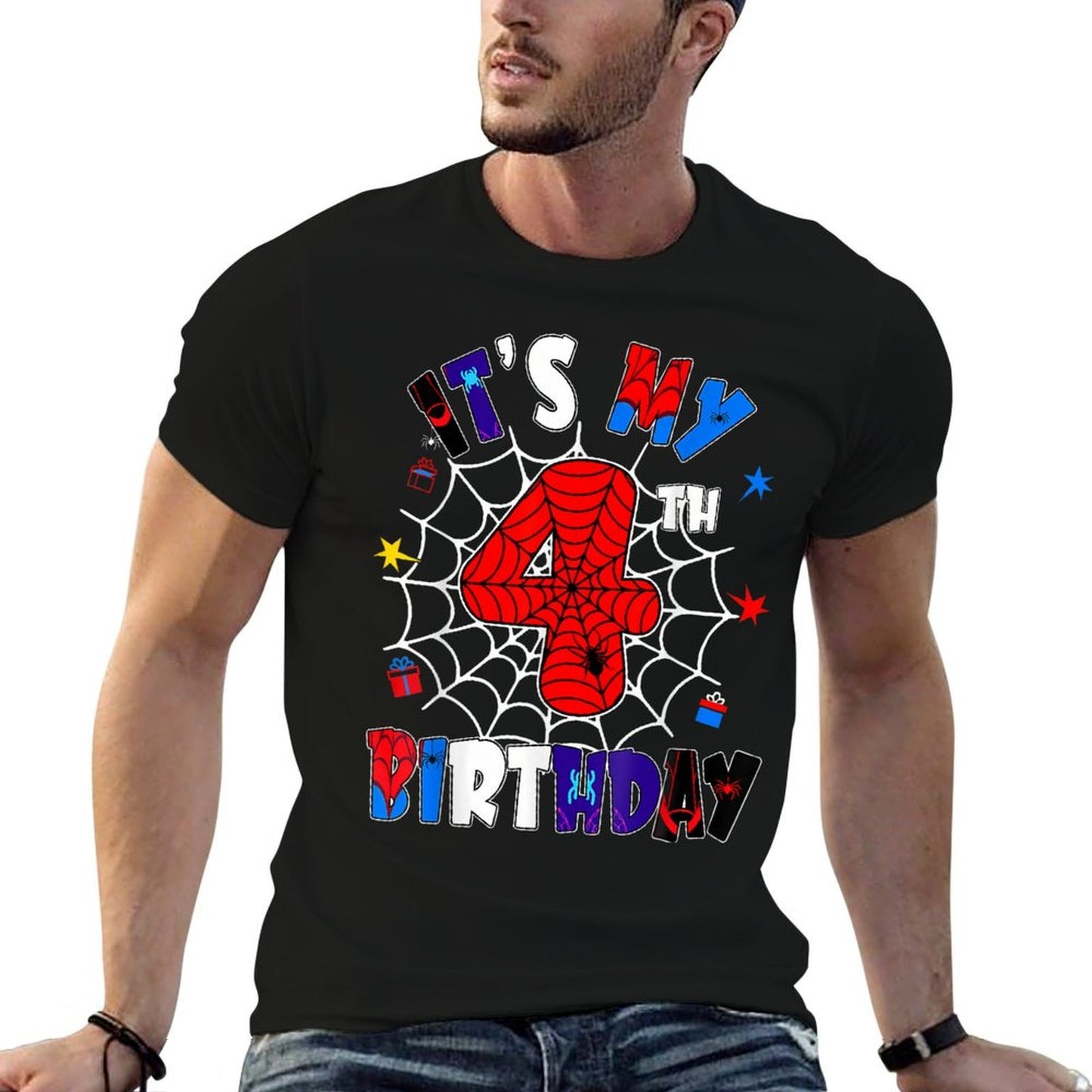 It's My 4th Birthday Spider Theme Party Boys 4 Years Old Polyester Blend T-Shirt