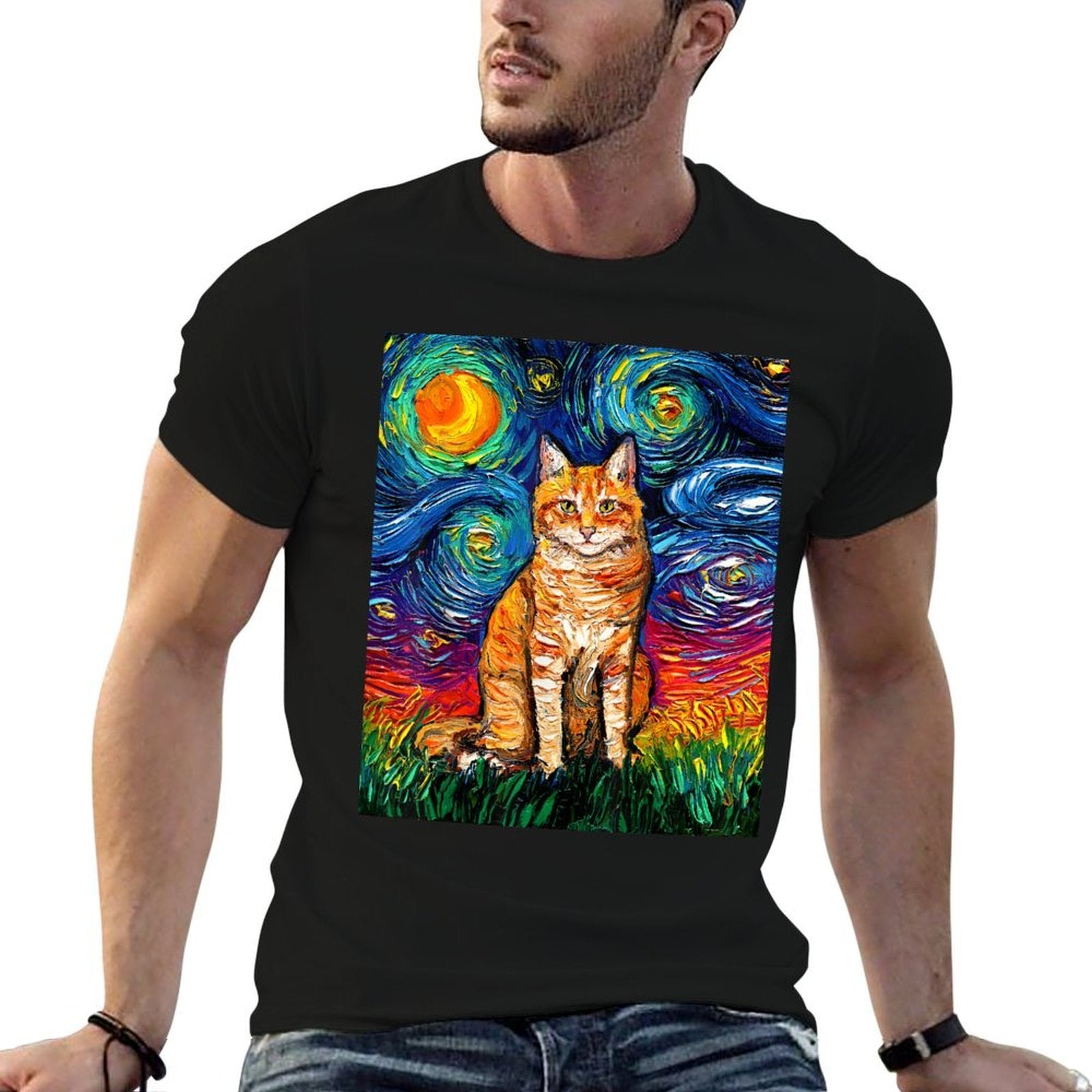 Orange Tabby Tiger Cat Starry Night Colorful Art by Aja  Lightweight T-Shirt