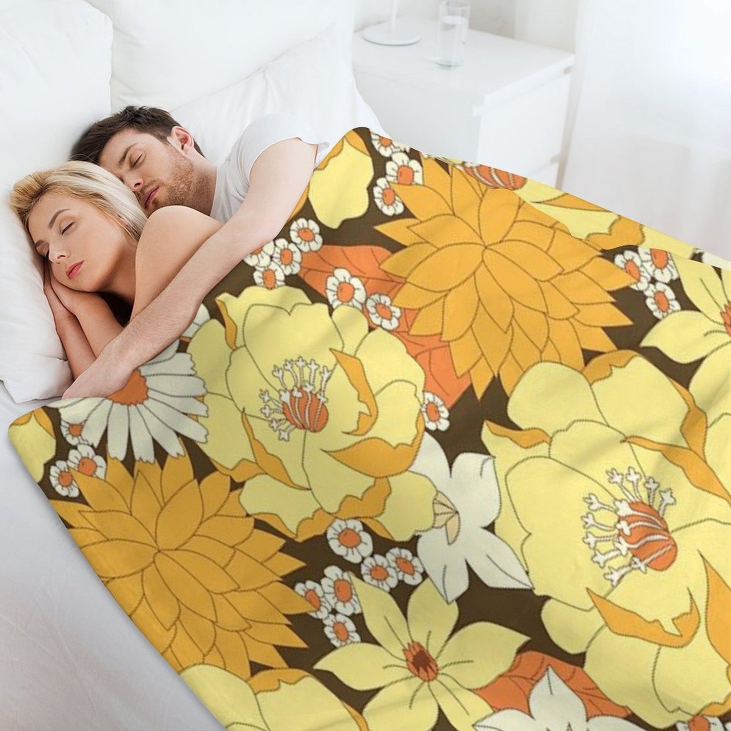 Yellow, Orange And Brown Vintage Floral Pattern Machine-washable Throw Blanket