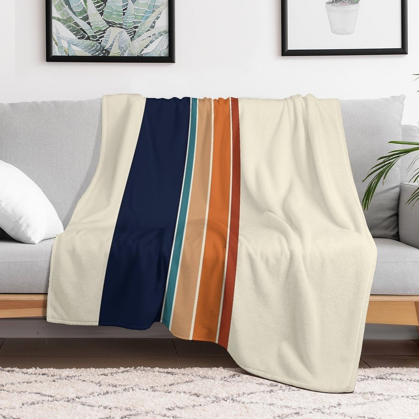 Retro Vertical Stripes Orange Rust Blue Shrink-resistant Throw Blanket